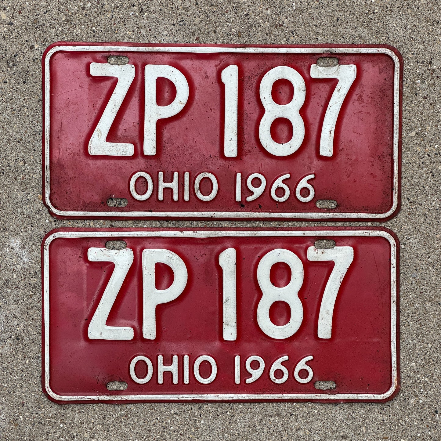 Photo of a 1966 Ohio License Plate Pair Auto Tag Garage Decor Vintage ZP 187 with original patina