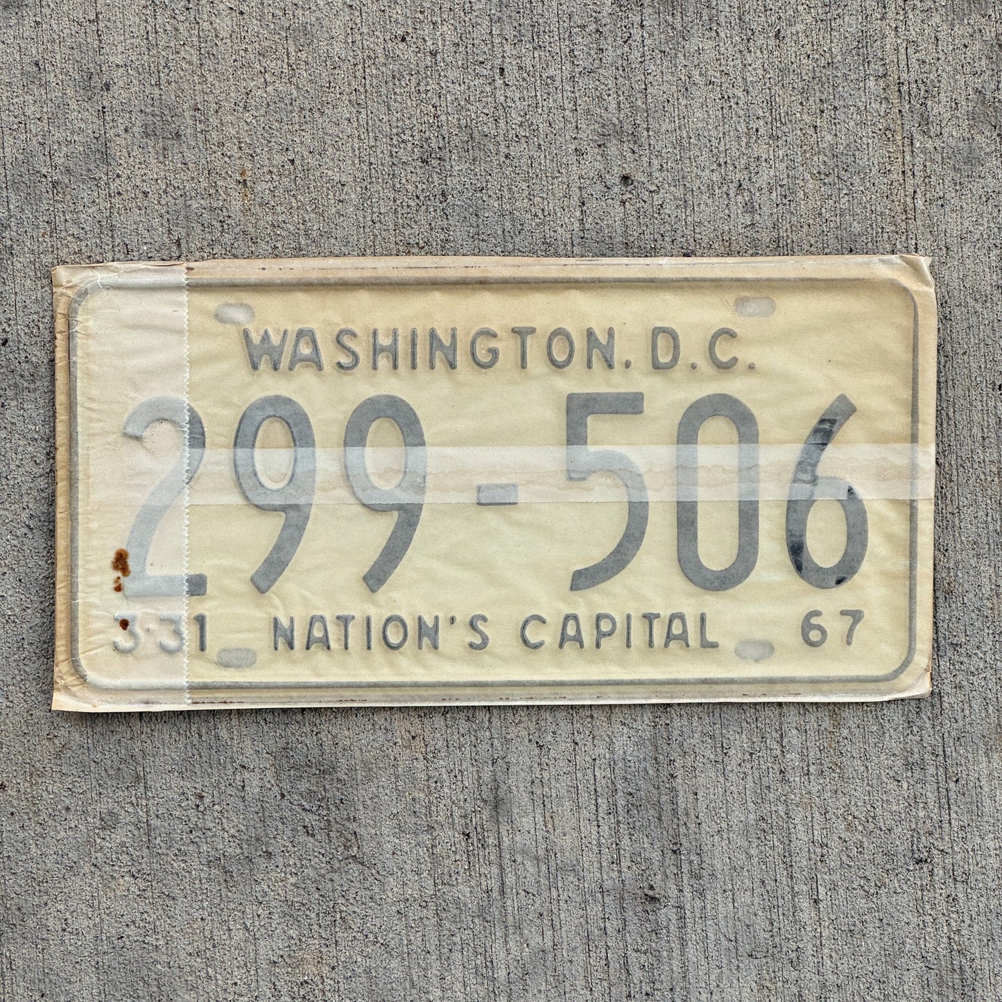 Photo of a 1967 1968 Washington DC License Plate Pair Auto Tag Garage Decor Vintage with Envelope 299 506 with original patina