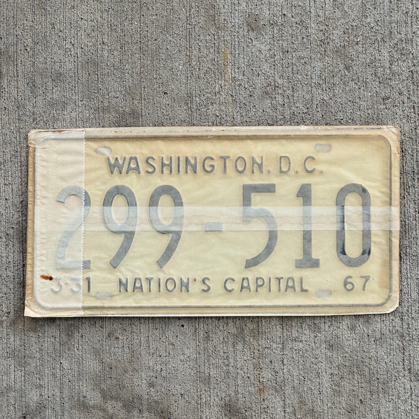 Photo of a 1967 1968 Washington DC License Plate Pair Auto Tag Garage Decor Vintage with Envelope 299 510 with original patina