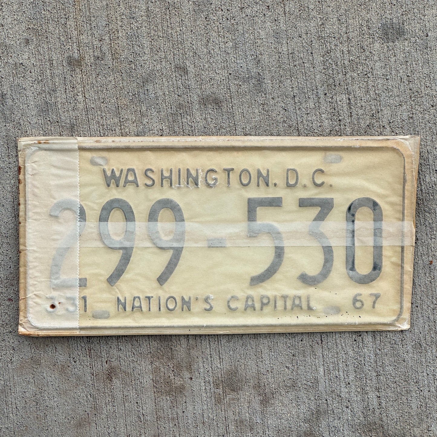 Photo of a 1967 1968 Washington DC License Plate Pair Auto Tag Garage Decor Vintage with Envelope 299 530 with original patina