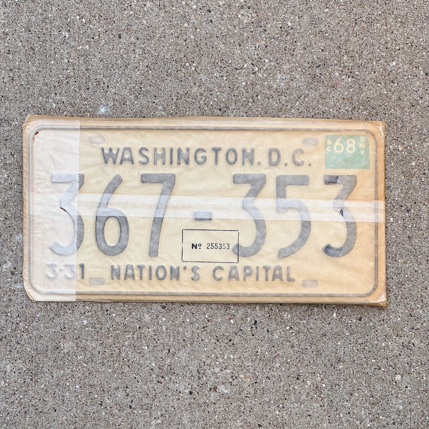 Photo of a 1967 1968 Washington DC License Plate Pair Auto Tag Garage Decor Vintage with Envelope 367 353 with original patina