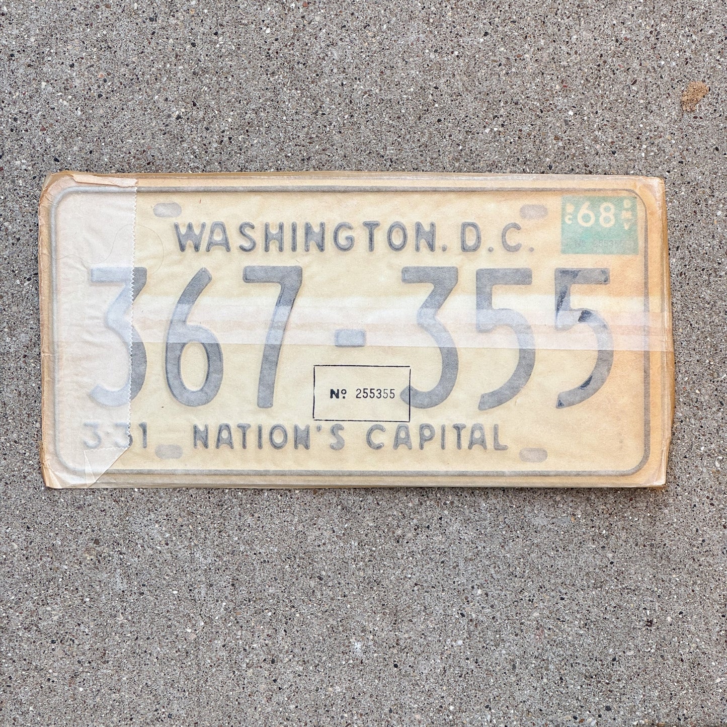 Photo of a 1967 1968 Washington DC License Plate Pair Auto Tag Garage Decor Vintage with Envelope 367 355 with original patina