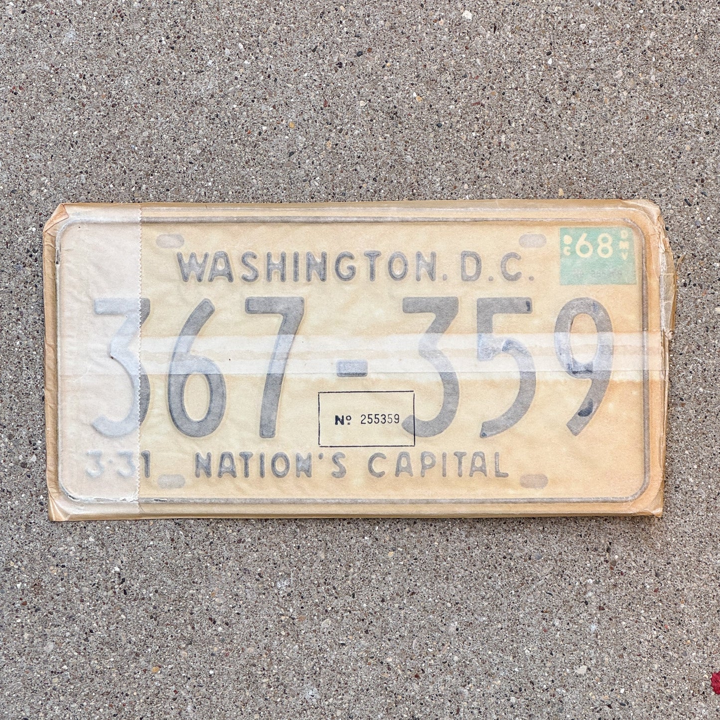 Photo of a 1967 1968 Washington DC License Plate Pair Auto Tag Garage Decor Vintage with Envelope 367 359 with original patina