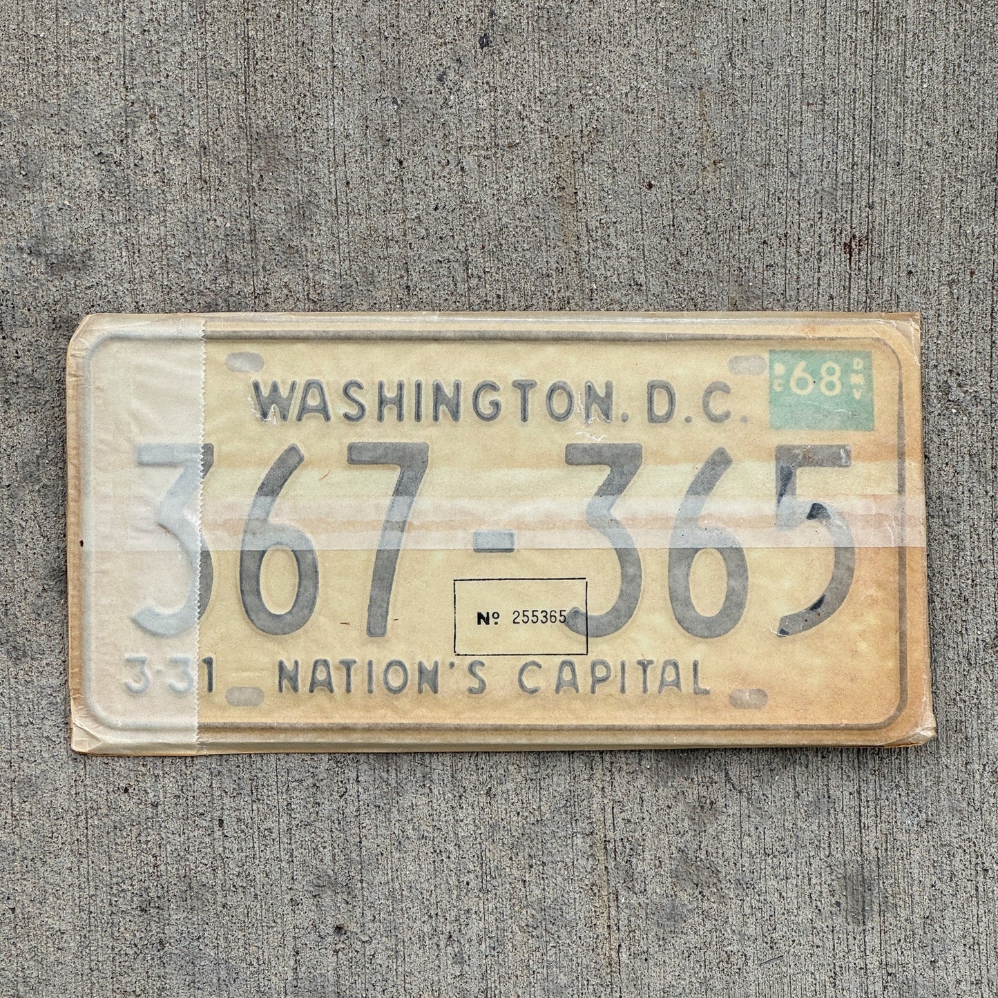 Photo of a 1967 1968 Washington DC License Plate Pair Auto Tag Garage Decor Vintage with Envelope 367 365 with original patina