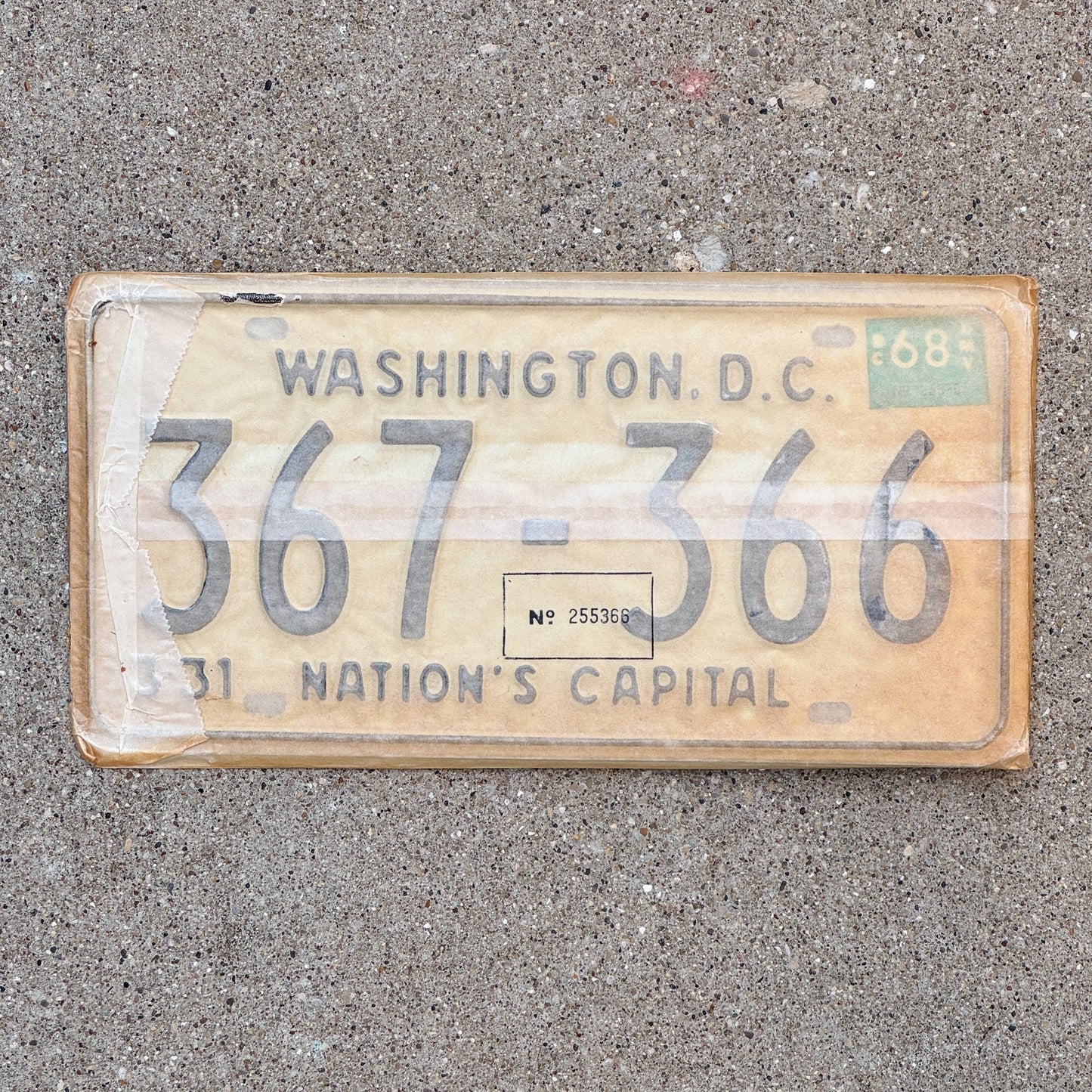 Photo of a 1967 1968 Washington DC License Plate Pair Auto Tag Garage Decor Vintage with Envelope 367 366 with original patina