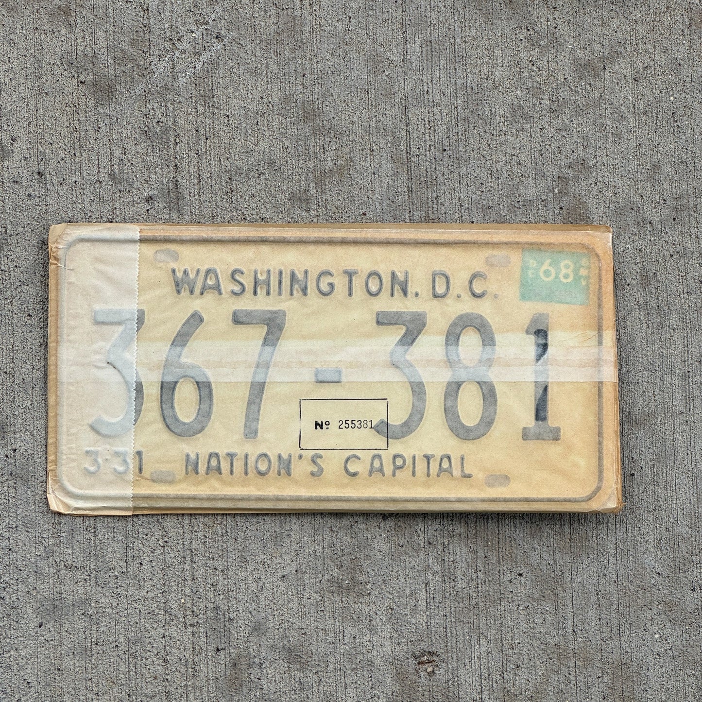Photo of a 1967 1968 Washington DC License Plate Pair Auto Tag Garage Decor Vintage with Envelope 367 381 with original patina