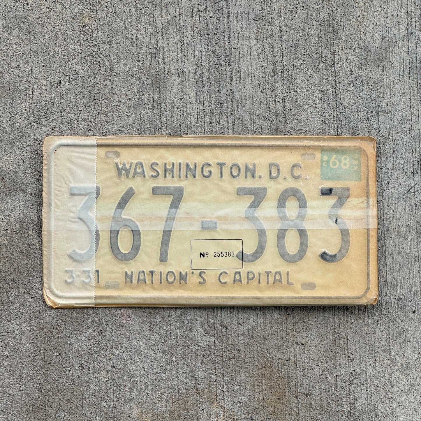 Photo of a 1967 1968 Washington DC License Plate Pair Auto Tag Garage Decor Vintage with Envelope 367 383 with original patina