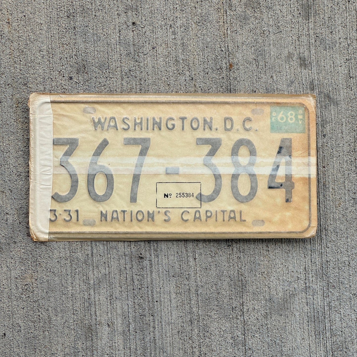 Photo of a 1967 1968 Washington DC License Plate Pair Auto Tag Garage Decor Vintage with Envelope 367 384 with original patina