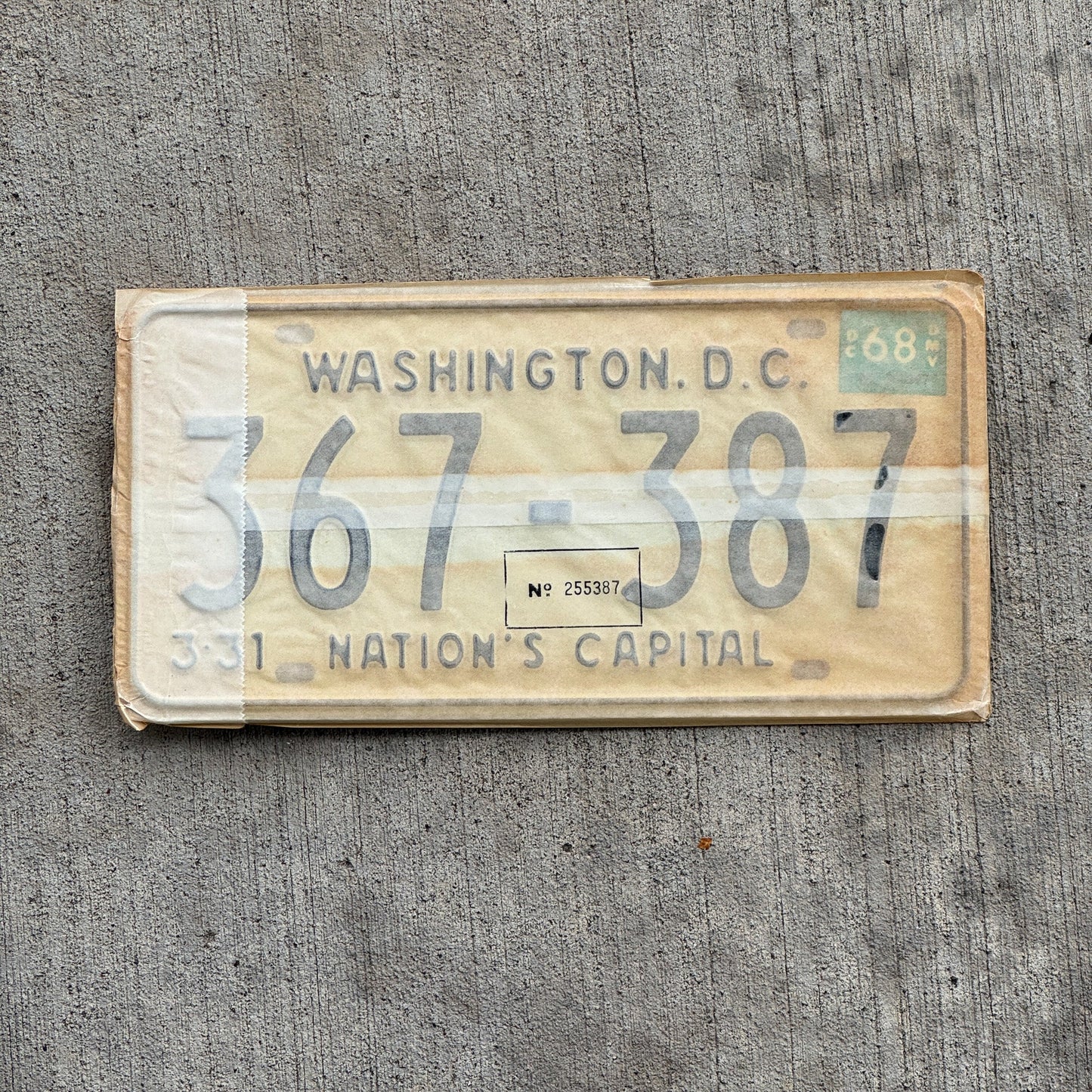 Photo of a 1967 1968 Washington DC License Plate Pair Auto Tag Garage Decor Vintage with Envelope 367 387 with original patina