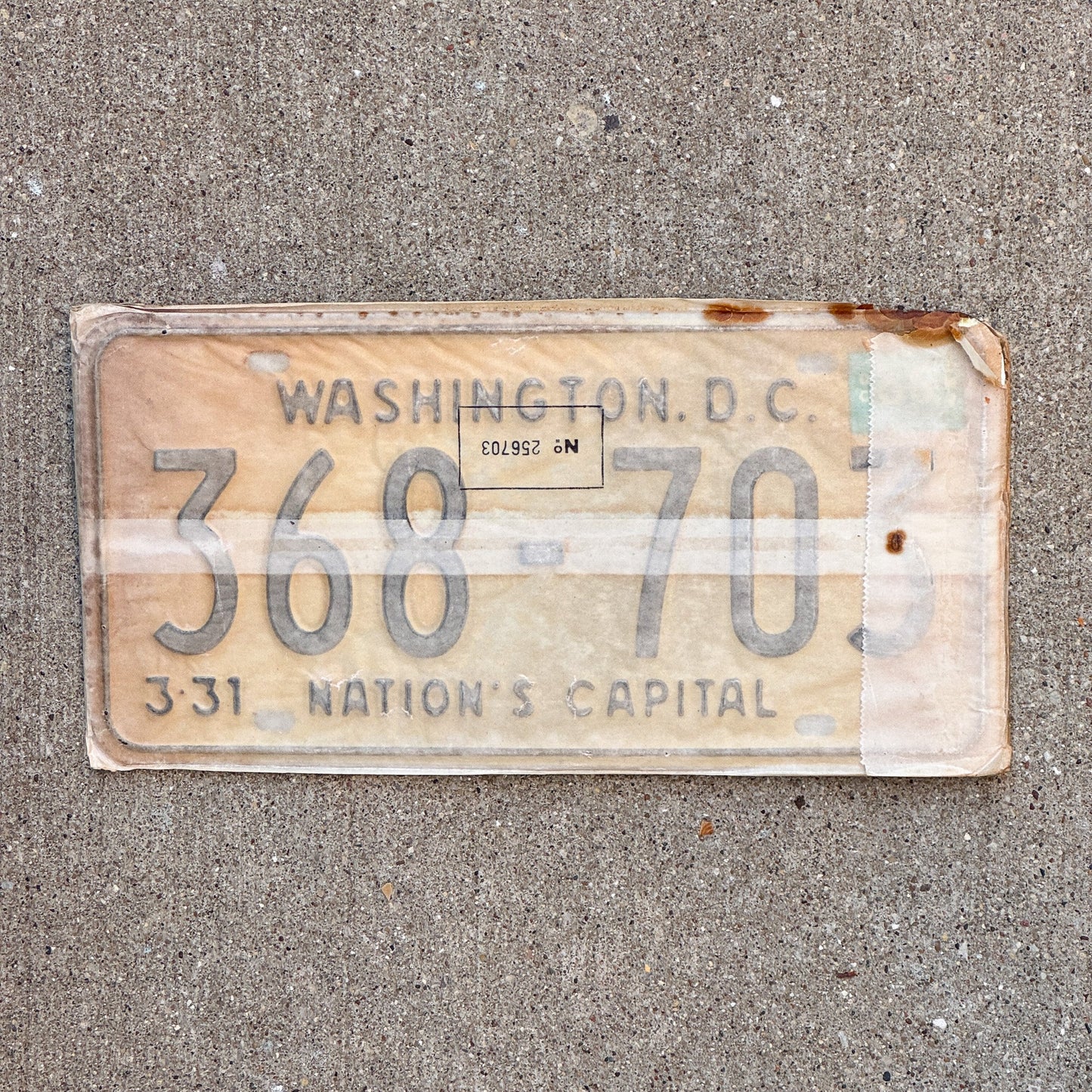 Photo of a 1967 1968 Washington DC License Plate Pair Auto Tag Garage Decor Vintage with Envelope 368 703 with original patina