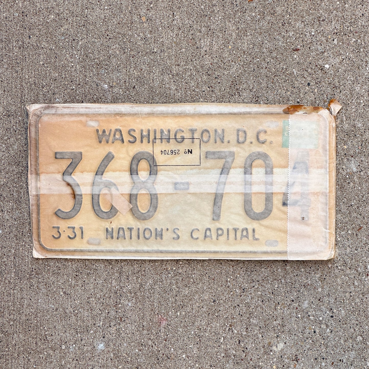 Photo of a 1967 1968 Washington DC License Plate Pair Auto Tag Garage Decor Vintage with Envelope 368 704 with original patina