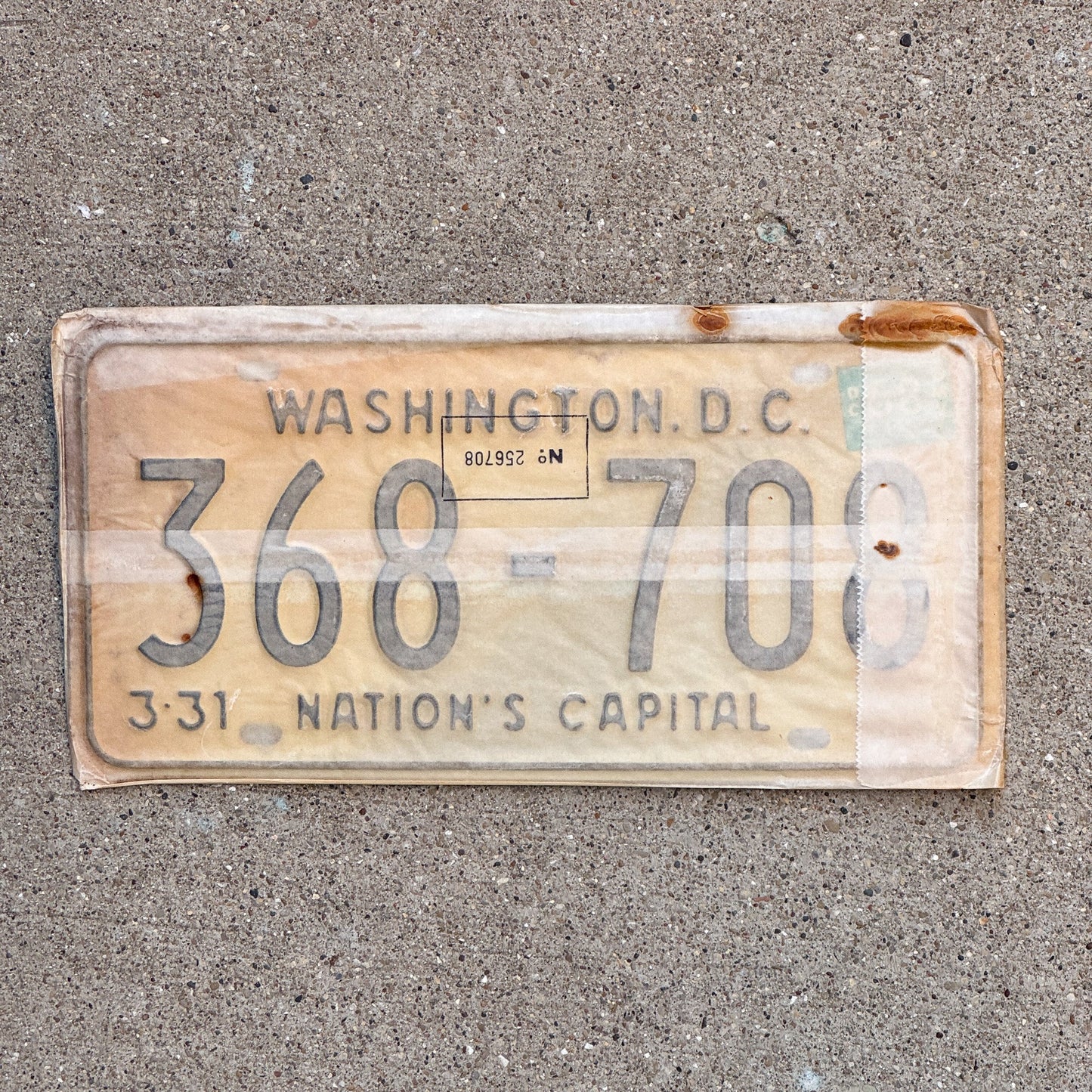 Photo of a 1967 1968 Washington DC License Plate Pair Auto Tag Garage Decor Vintage with Envelope 368 708 with original patina