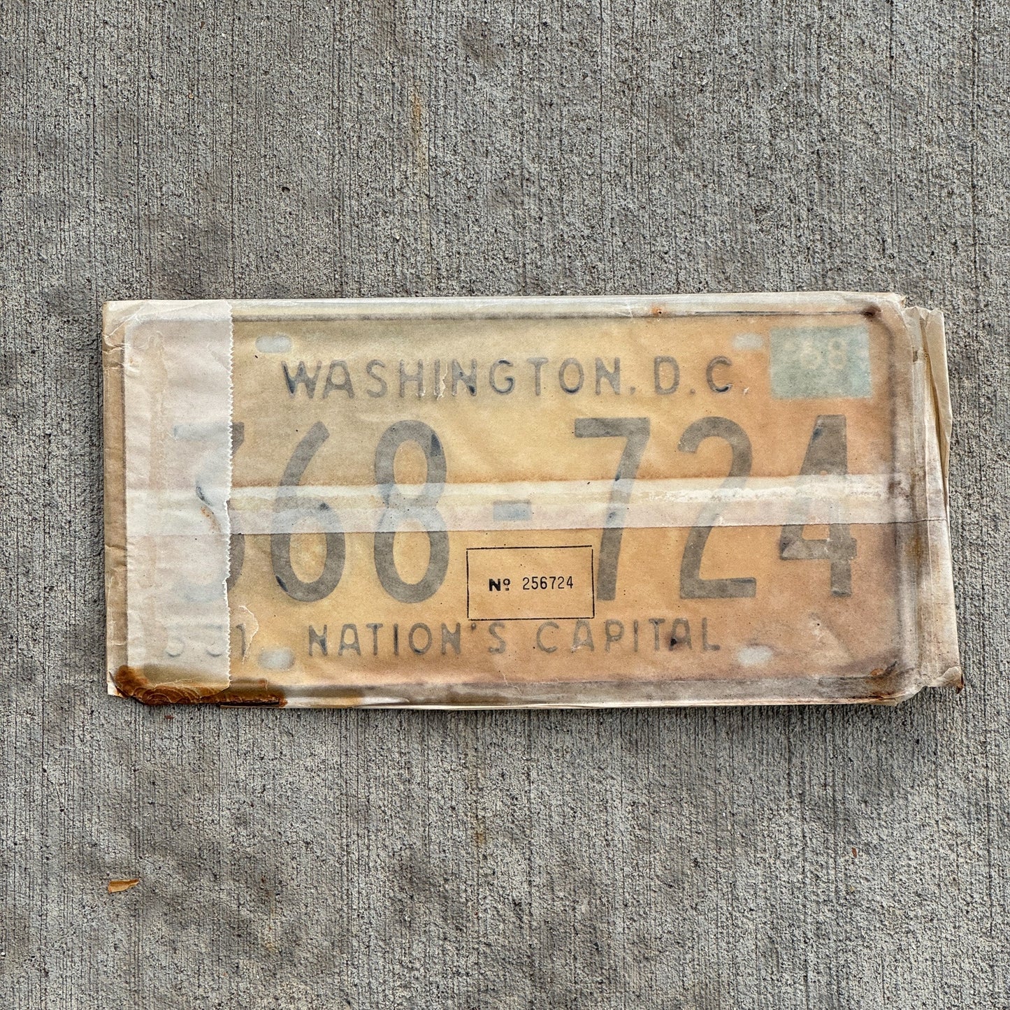 Photo of a 1967 1968 Washington DC License Plate Pair Auto Tag Garage Decor Vintage with Envelope 368 724 with original patina