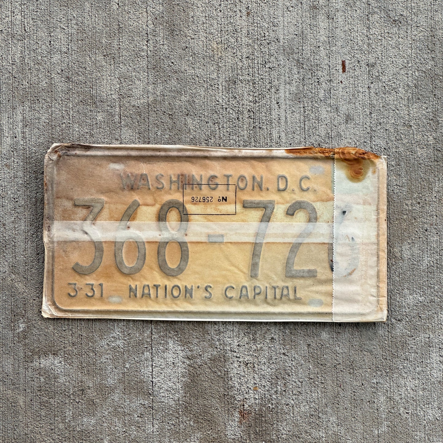 Photo of a 1967 1968 Washington DC License Plate Pair Auto Tag Garage Decor Vintage with Envelope 368 726 with original patina