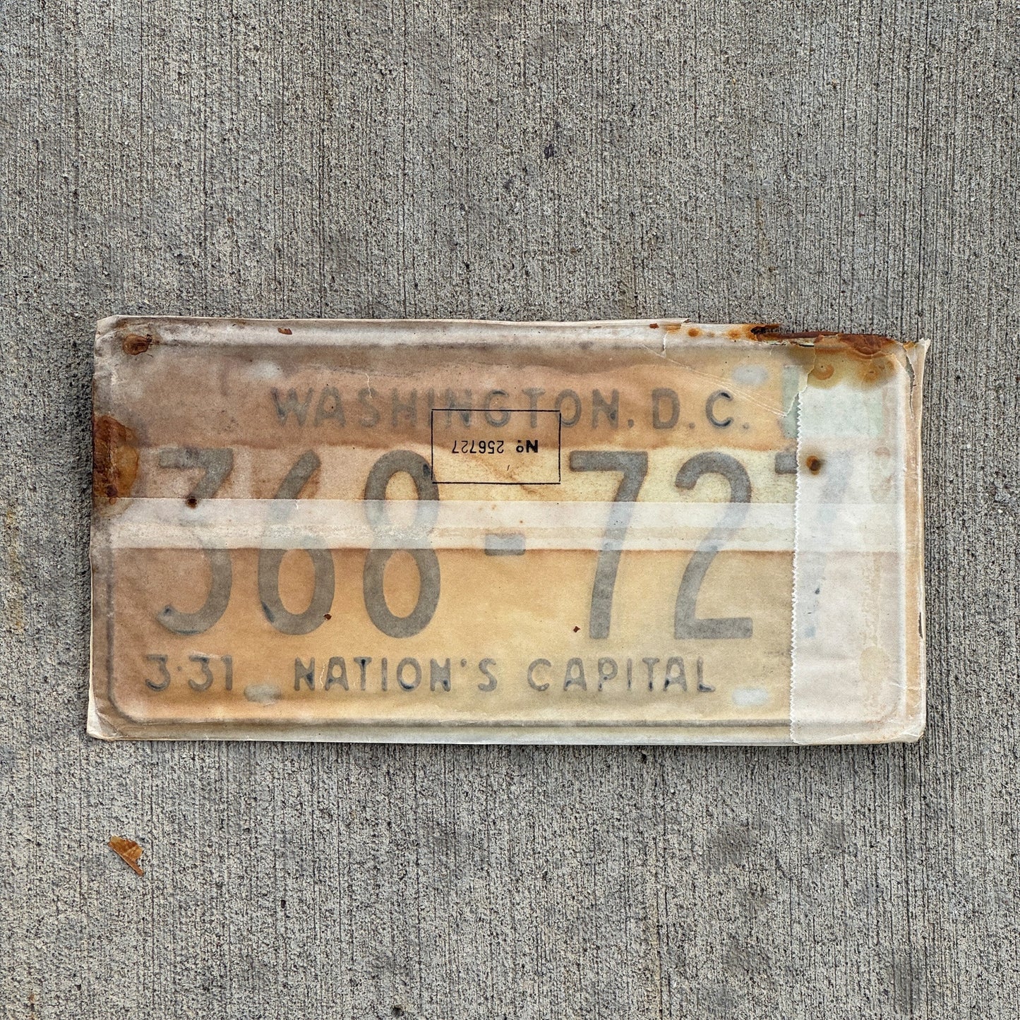 Photo of a 1967 1968 Washington DC License Plate Pair Auto Tag Garage Decor Vintage with Envelope 368 727 with original patina