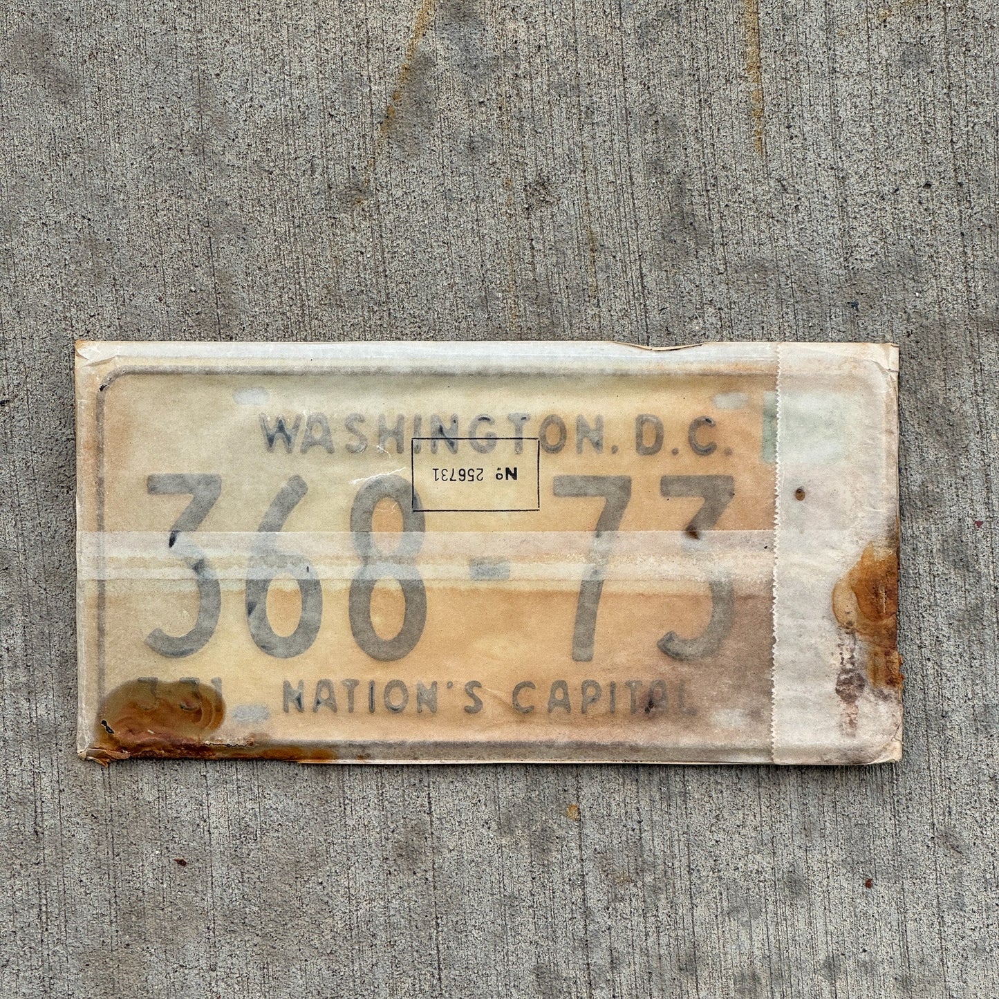 Photo of a 1967 1968 Washington DC License Plate Pair Auto Tag Garage Decor Vintage with Envelope 368 731 with original patina