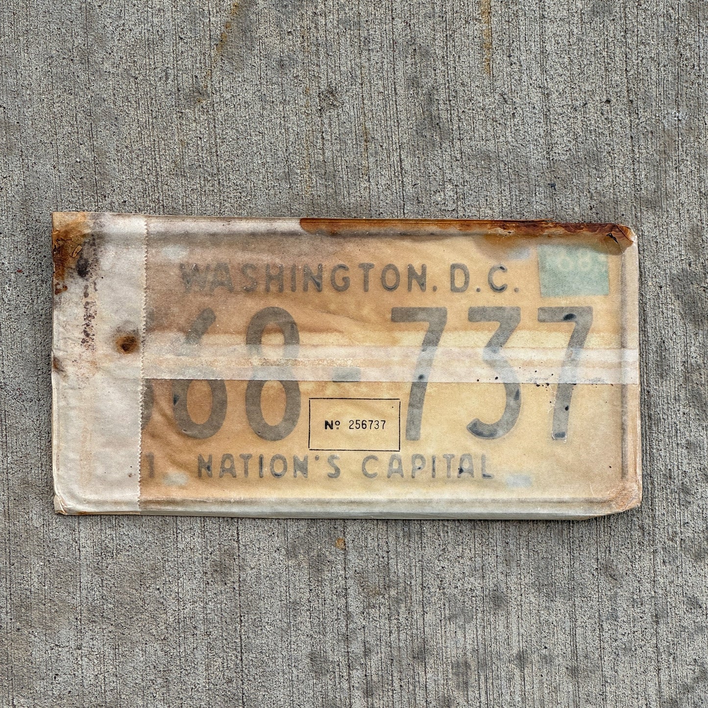 Photo of a 1967 1968 Washington DC License Plate Pair Auto Tag Garage Decor Vintage with Envelope 368 737 with original patina