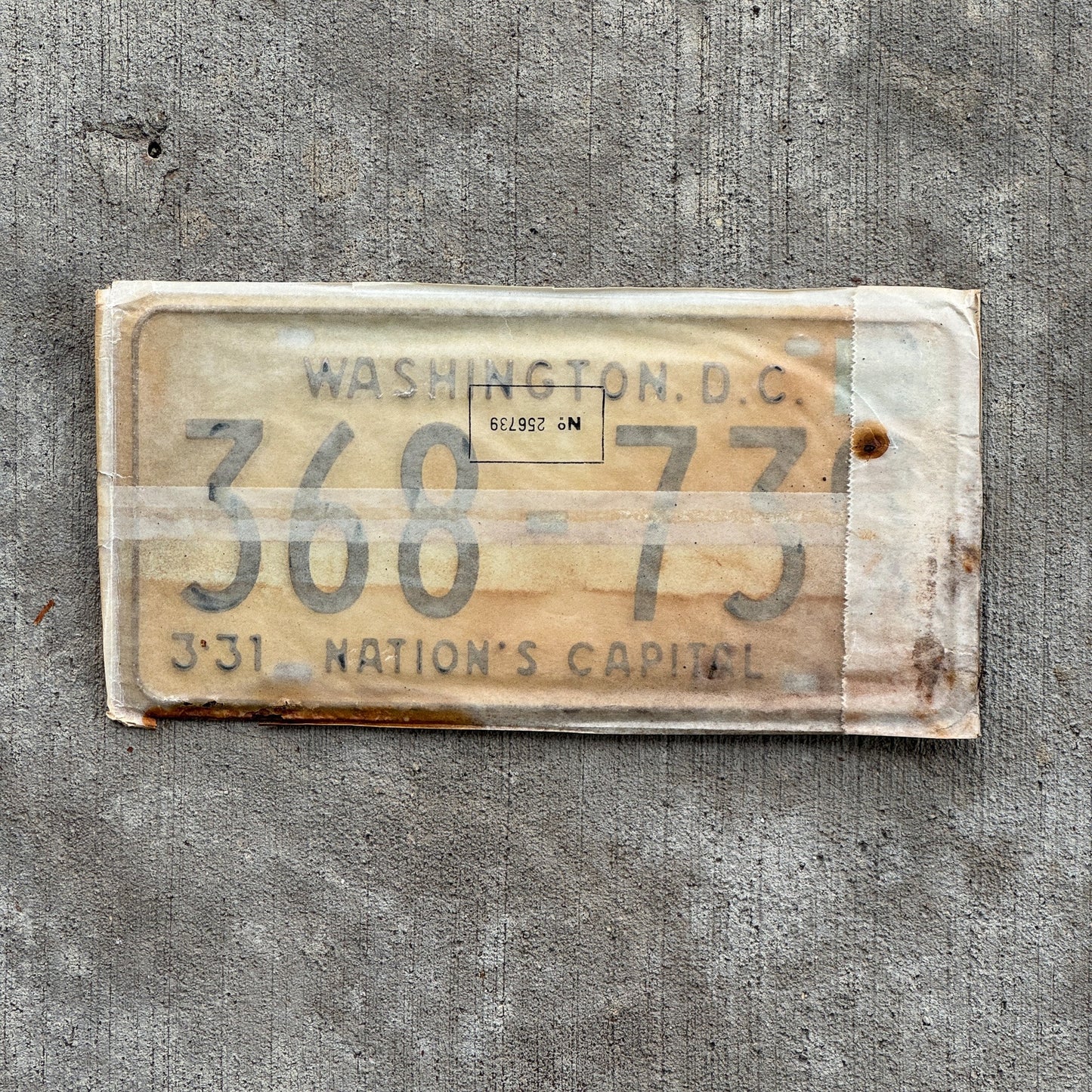 Photo of a 1967 1968 Washington DC License Plate Pair Auto Tag Garage Decor Vintage with Envelope 368 739 with original patina