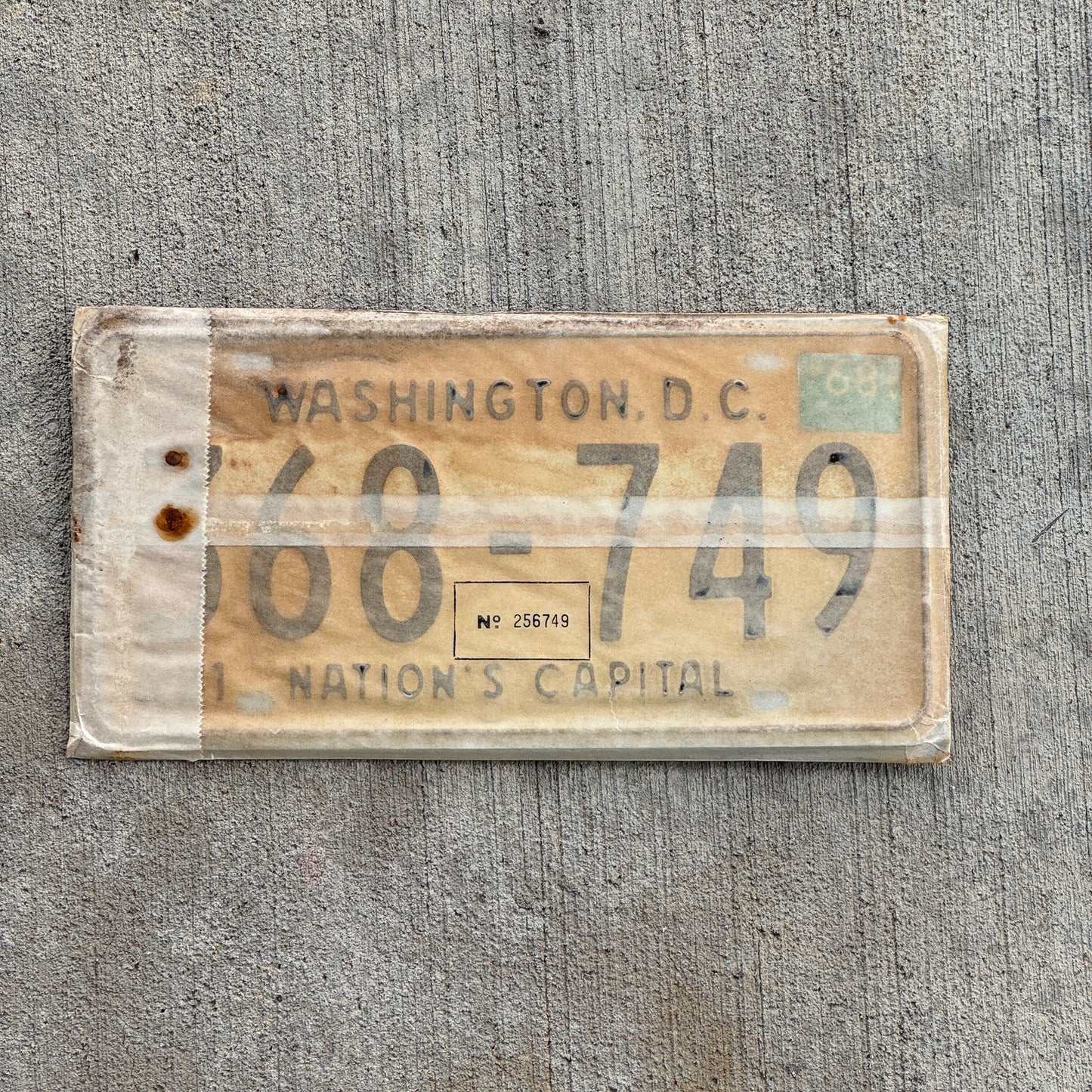 Photo of a 1967 1968 Washington DC License Plate Pair Auto Tag Garage Decor Vintage with Envelope 368 749 with original patina