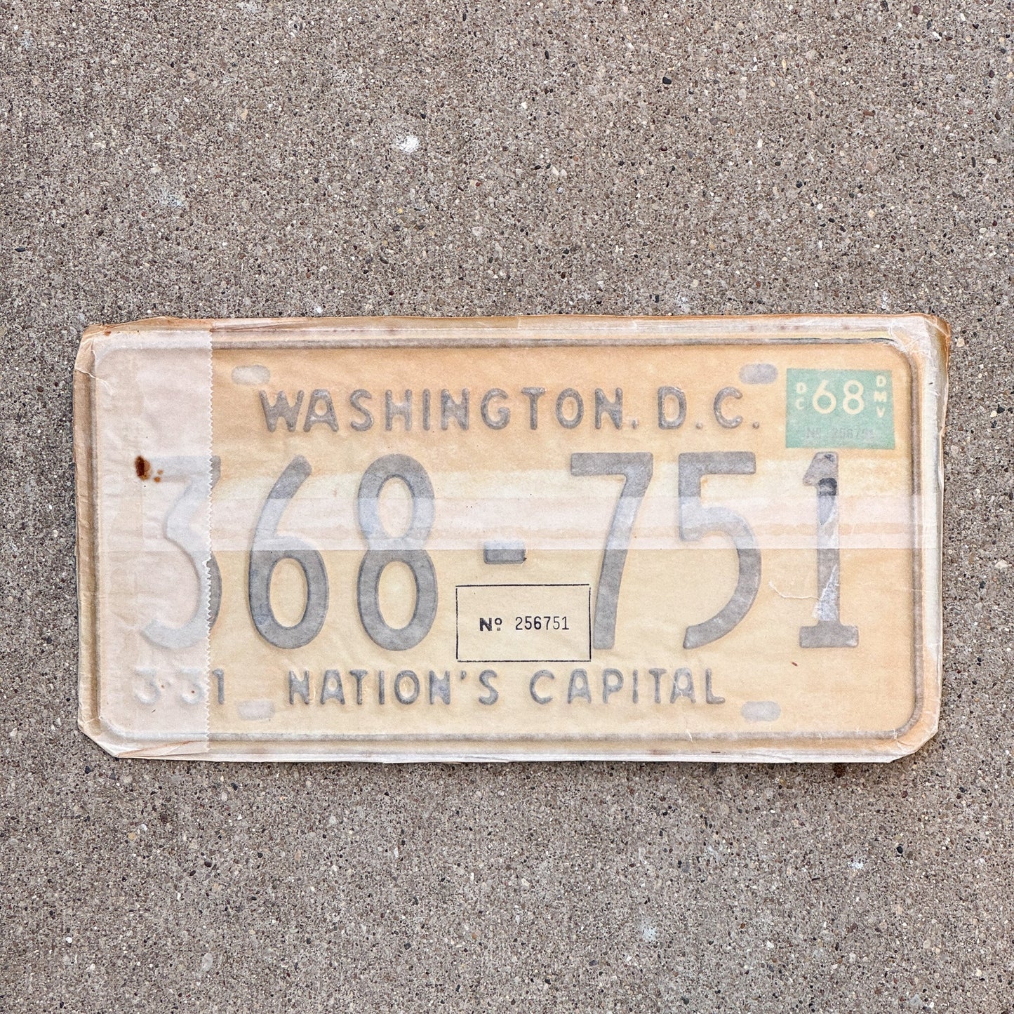 Photo of a 1967 1968 Washington DC License Plate Pair Auto Tag Garage Decor Vintage with Envelope 368 751 with original patina