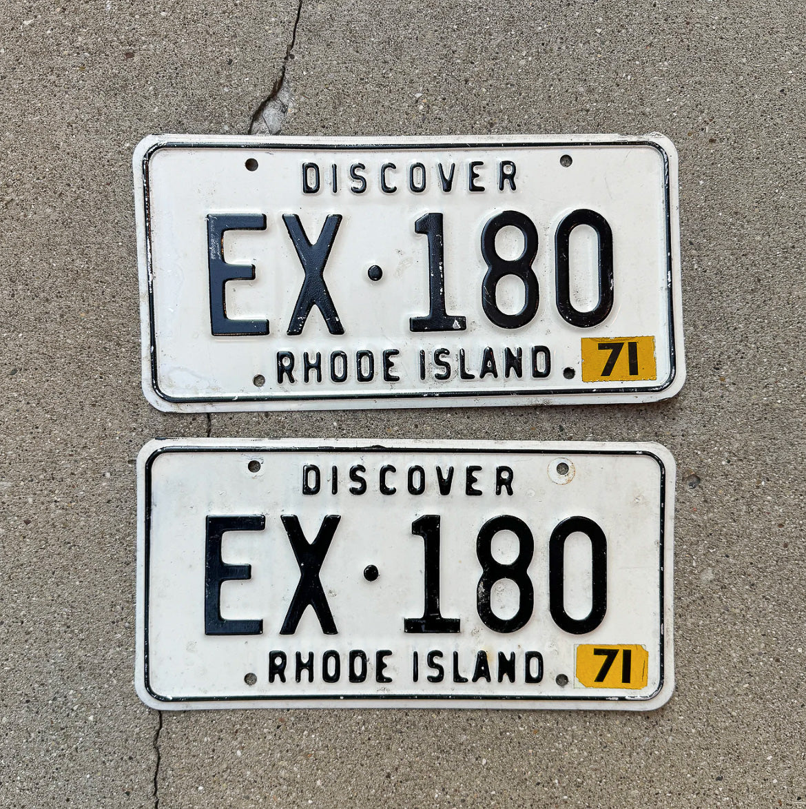 Photo of a 1967 1971 Rhode Island License Plate Pair Auto Tag Garage Decor Vintage EX 180 with original patina