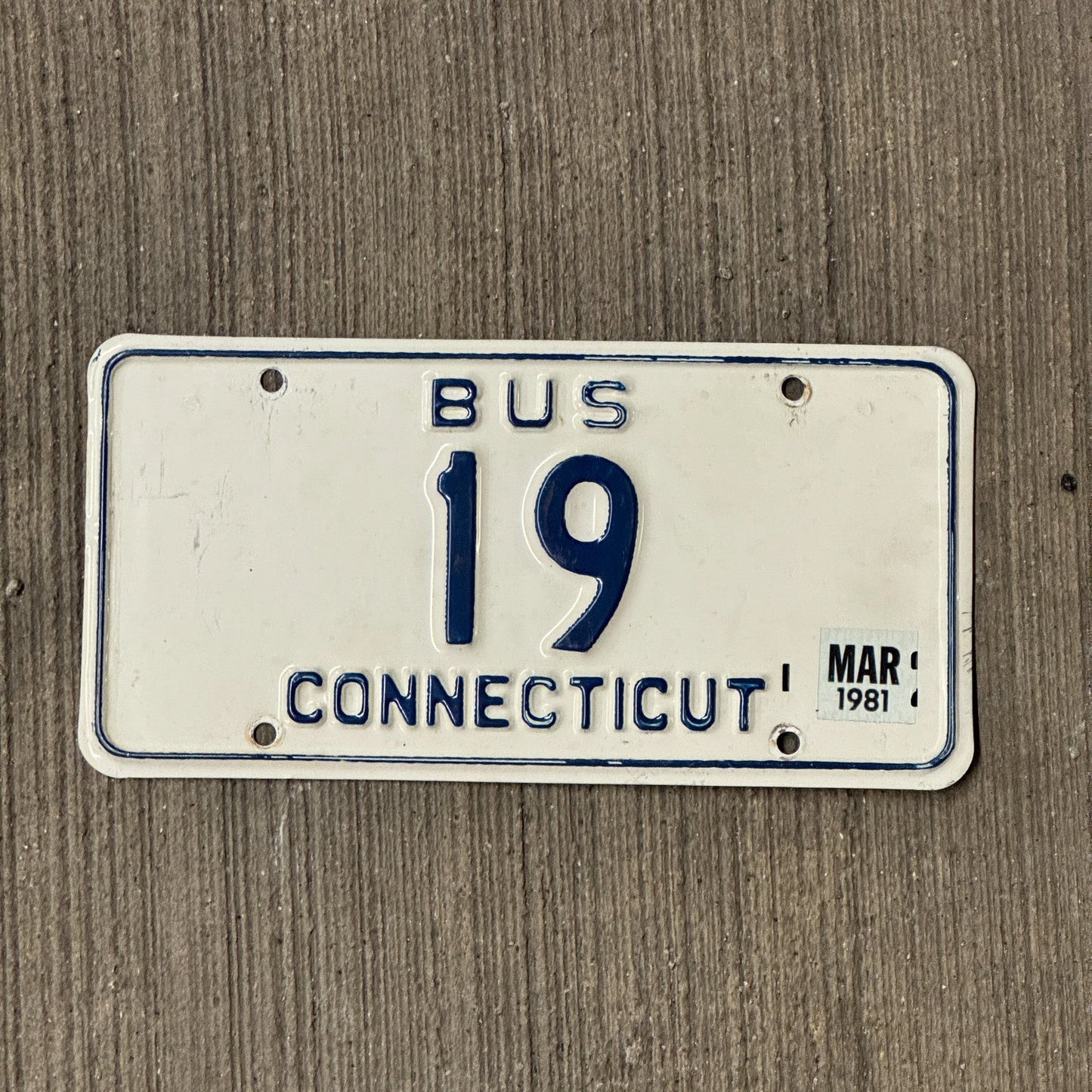 Photo of a 1967 1981 Connecticut Bus License Plate Auto Tag Garage Decor Vintage Low Number Two Digit 19