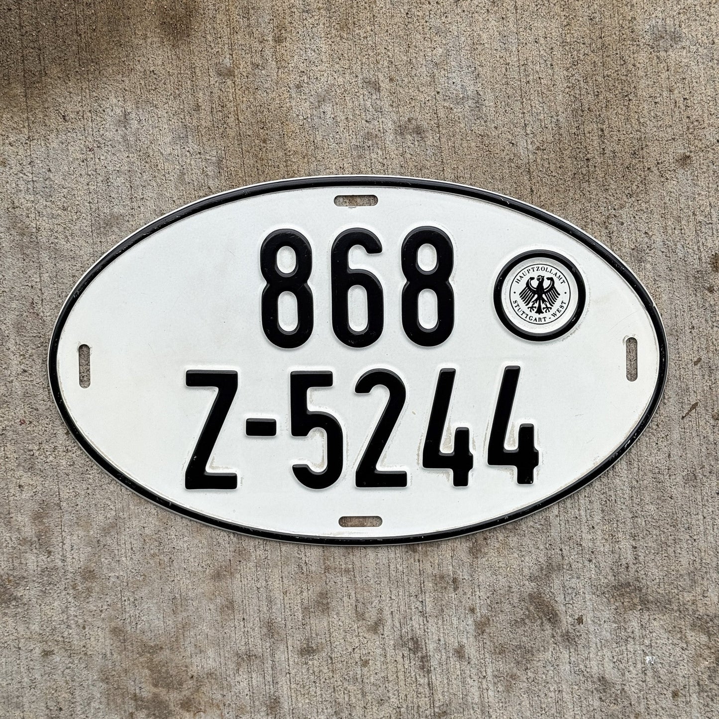 Photo of a 1967 1988 Germany License Plate Auto Tag Garage Decor Vintage Stuttgart West Germany 868 Z 5244 with original patina