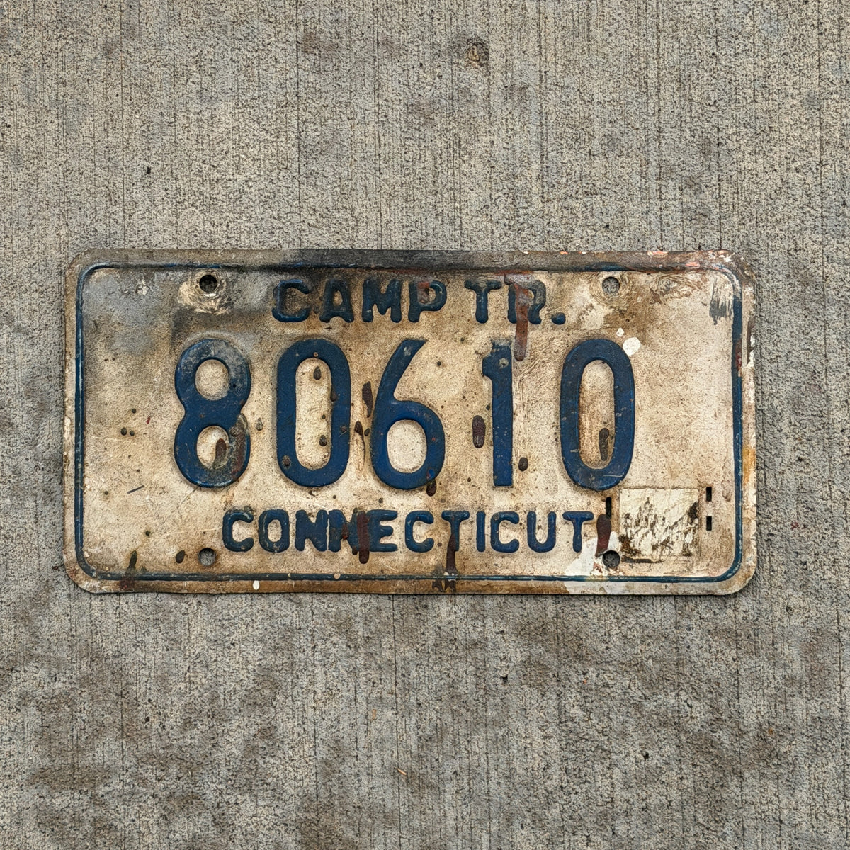 Photo of a 1967 Connecticut Camp Trailer License Plate Auto Tag Garage Decor Vintage 806 10 with original patina