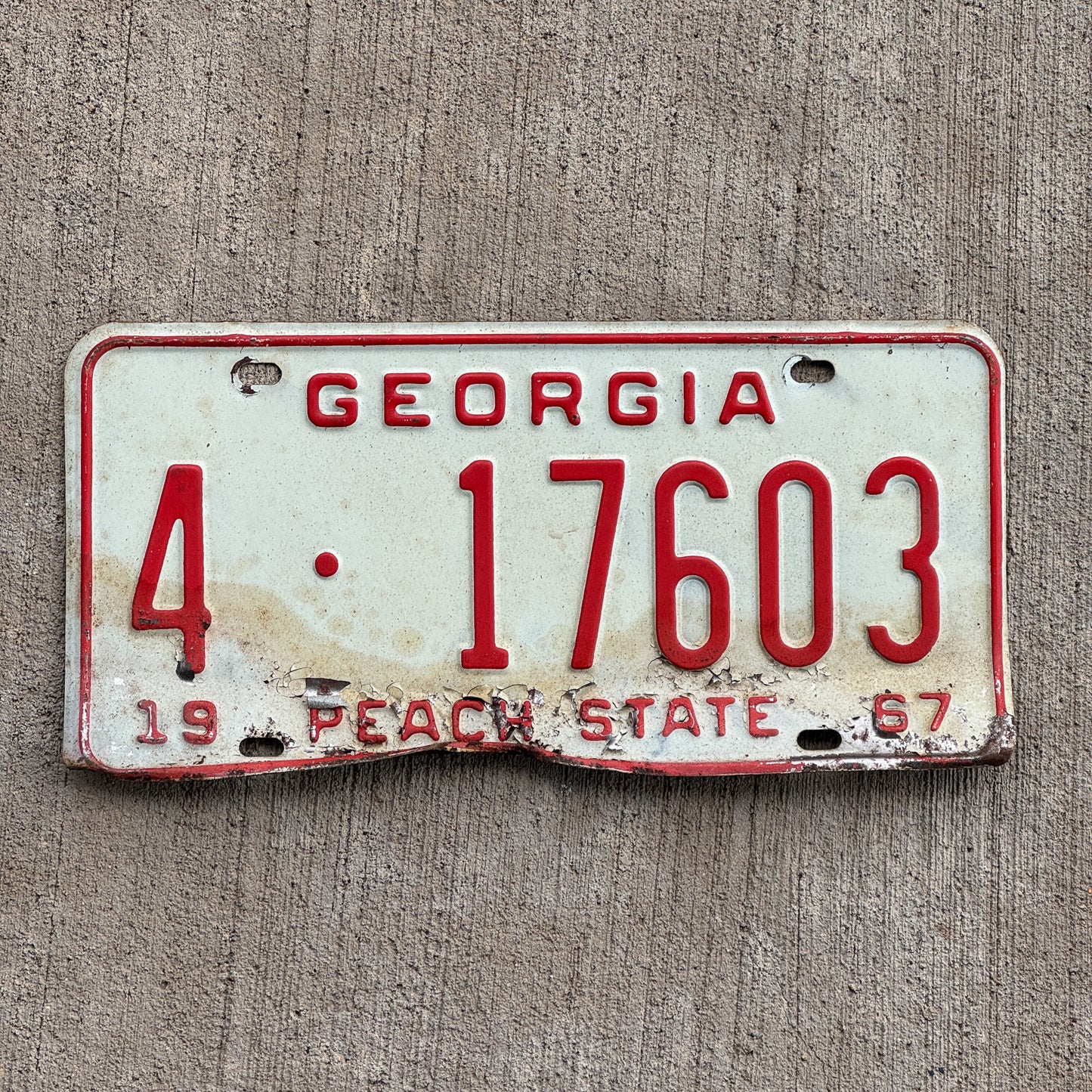 Photo of a 1967 Georgia License Plate Auto Tag Garage Decor Vintage 4 17603 with original patina