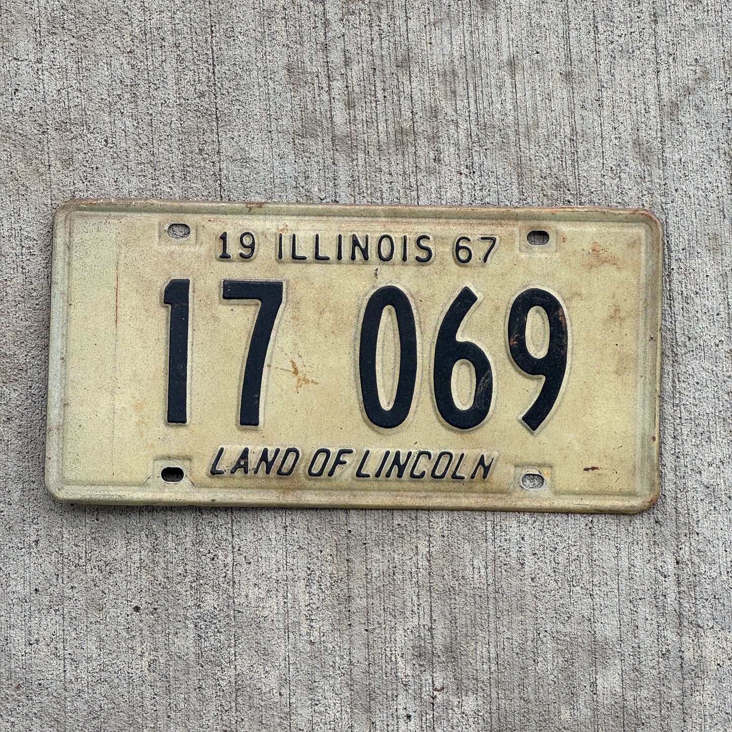 Photo of a 1967 Illinois License Plate Auto Tag 1 Vintage Garage 17 069 with original patina
