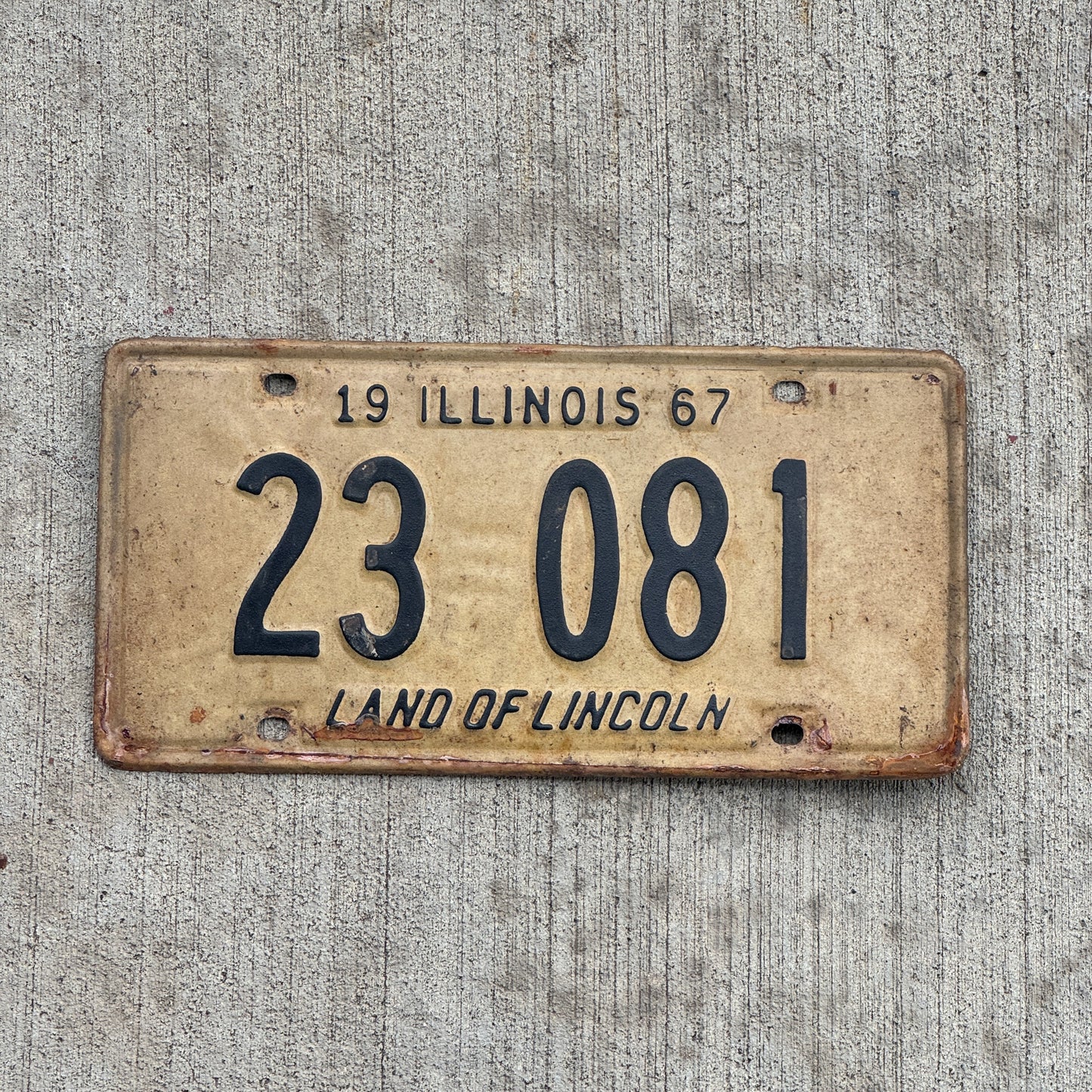 Photo of a 1967 Illinois License Plate Auto Tag 1 Vintage Garage 23 081 with original patina