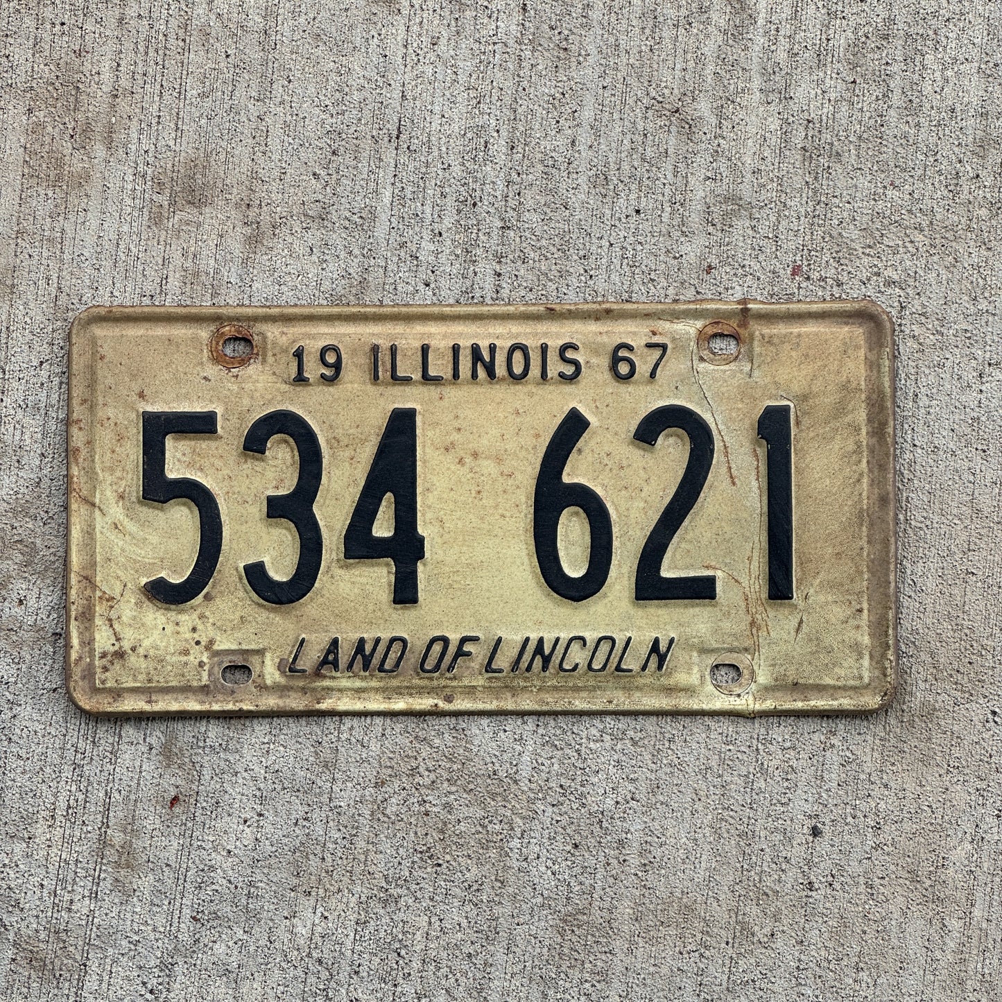 Photo of a 1967 Illinois License Plate Auto Tag 2 Vintage Garage 534 621 with original patina