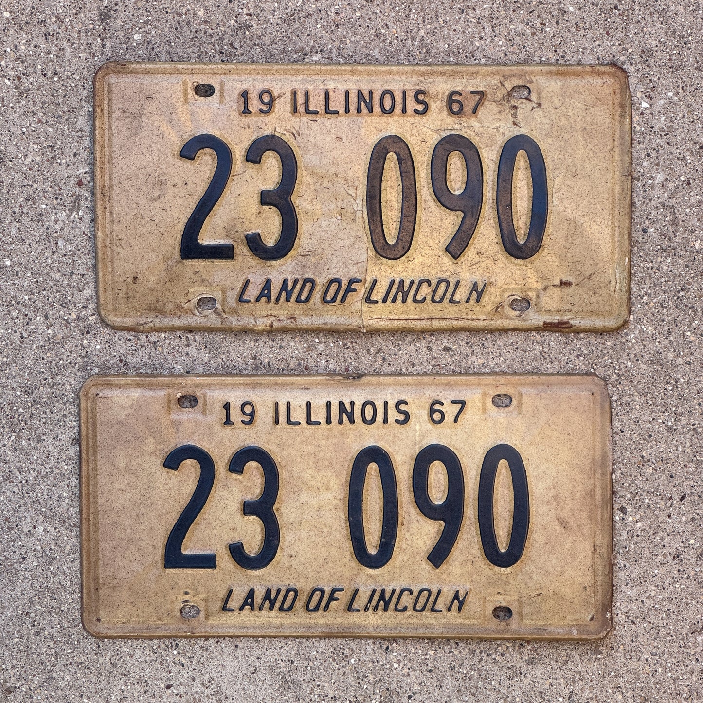 Photo of a 1967 Illinois License Plate Pair Auto Tag Garage Decor Vintage 23 090 with original patina