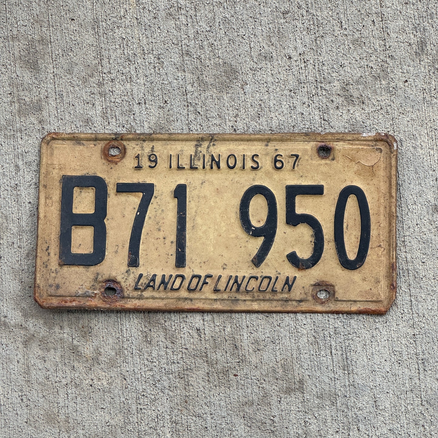 Photo of a 1967 Illinois Truck License Plate Auto Tag 1 Vintage Garage B 71 950 with original patina