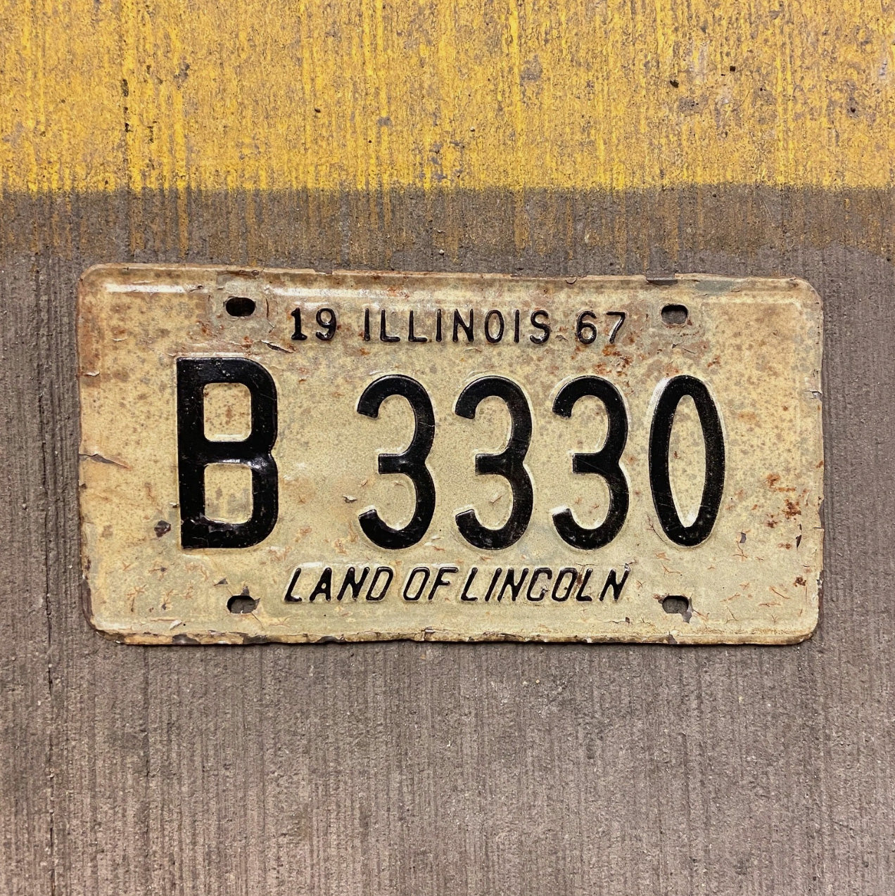 Photo of a 1967 Illinois Truck License Plate Auto Tag Garage Decor Vintage 333 Repeat Repeating B 3330 with original patina