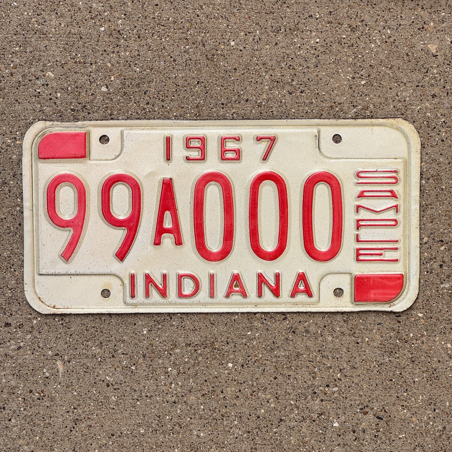 Photo of a 1967 Indiana Sample License Plate Auto Tag 2 Garage Decor 99A000 with original patina