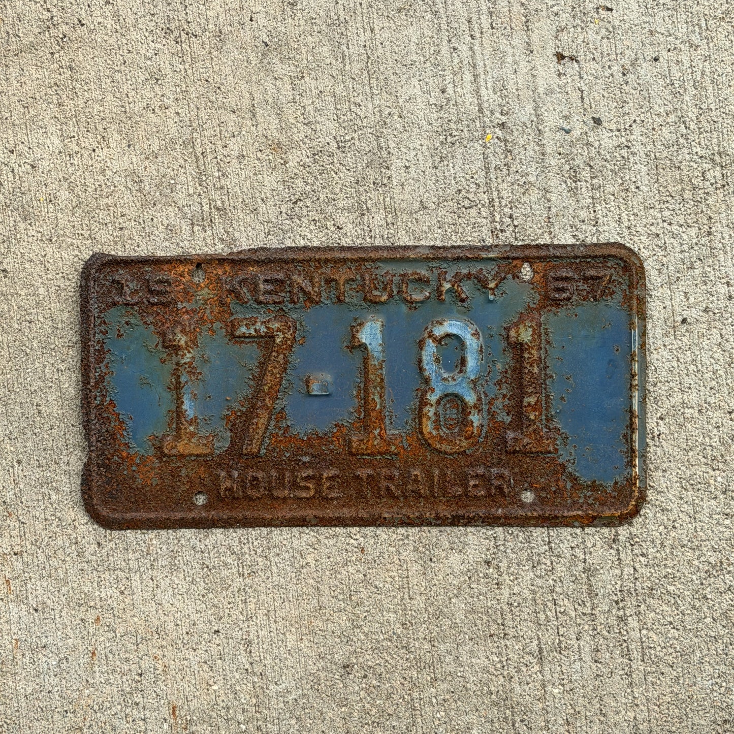 Photo of a 1967 Kentucky Trailer License Plate Auto Tag Garage Decor Vintage House Trailer 17 181 with original patina