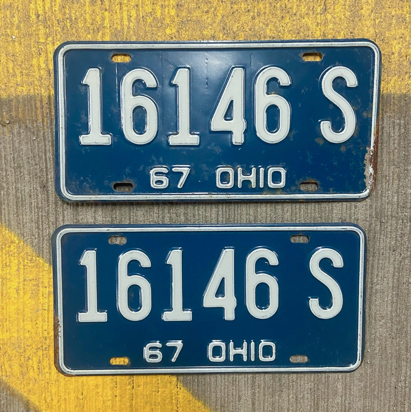 Photo of a 1967 Ohio License Plate Pair Auto Tag Garage Decor Vintage 16146 S with original patina