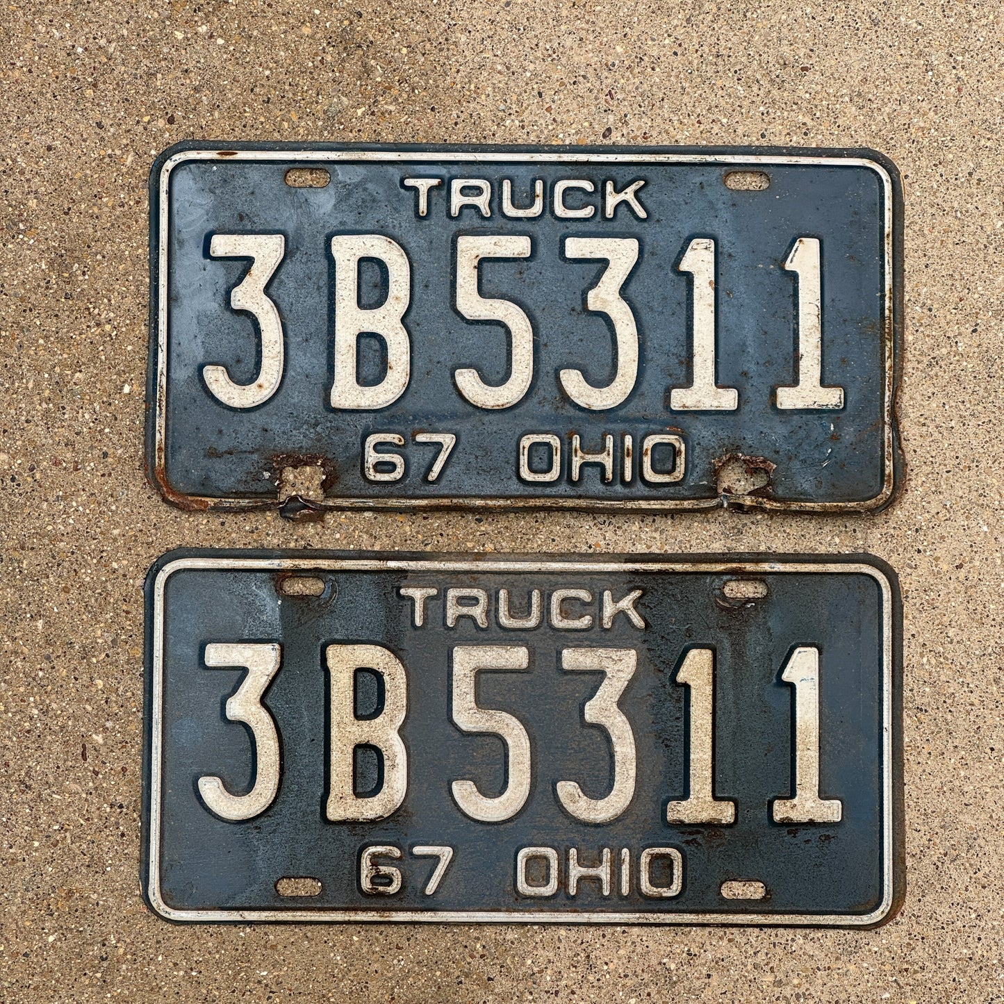 Photo of a 1967 Ohio Truck License Plate Pair Auto Tag Garage Decor Vintage 3 B 5311 with original patina