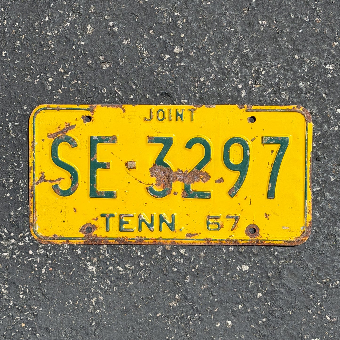 Photo of a 1967 Tennessee Joint License Plate Auto Tag Garage Decor Vintage SE 3297 with original patina