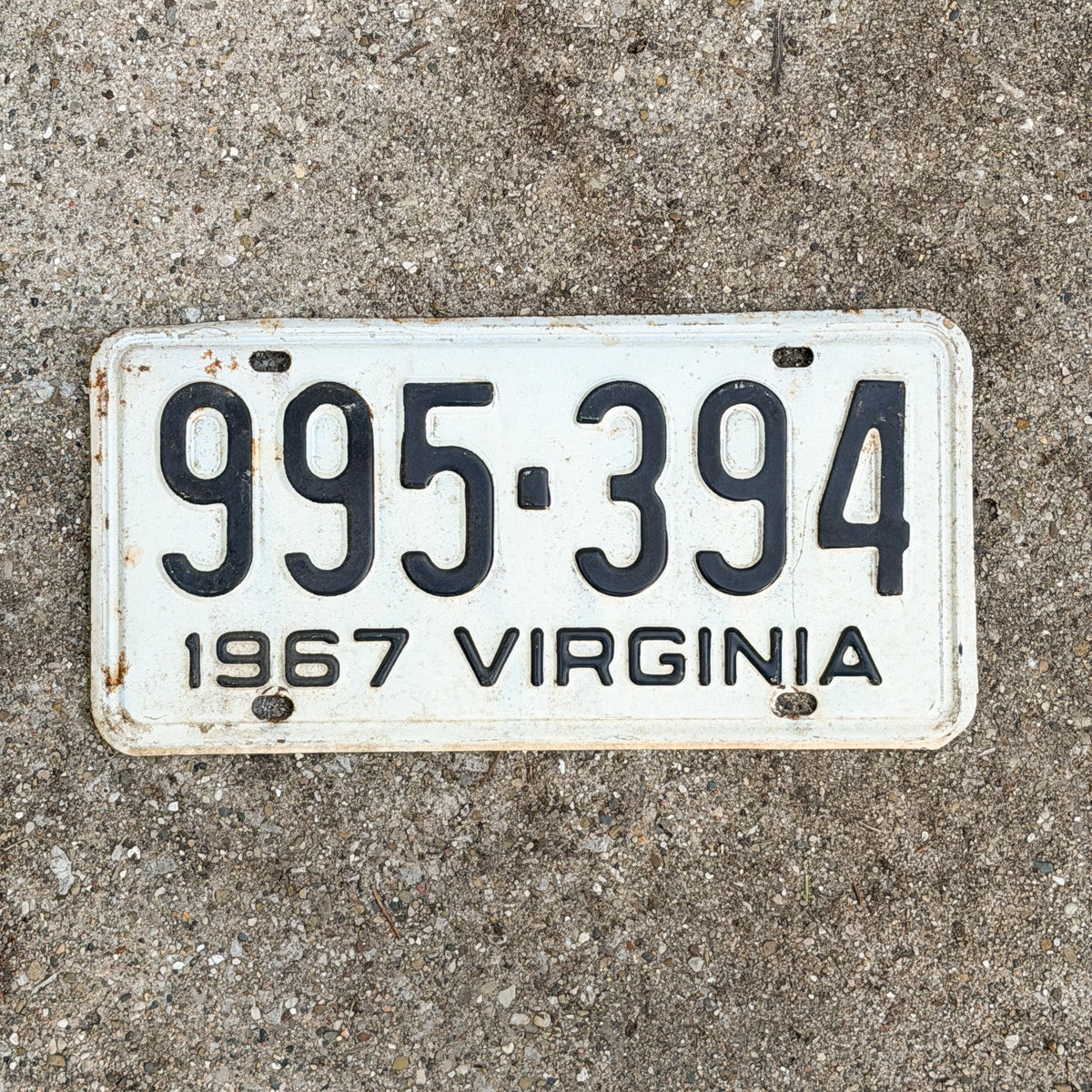 Photo of a 1967 Virginia License Plate Auto Tag Garage Decor Vintage 995 394 with original patina