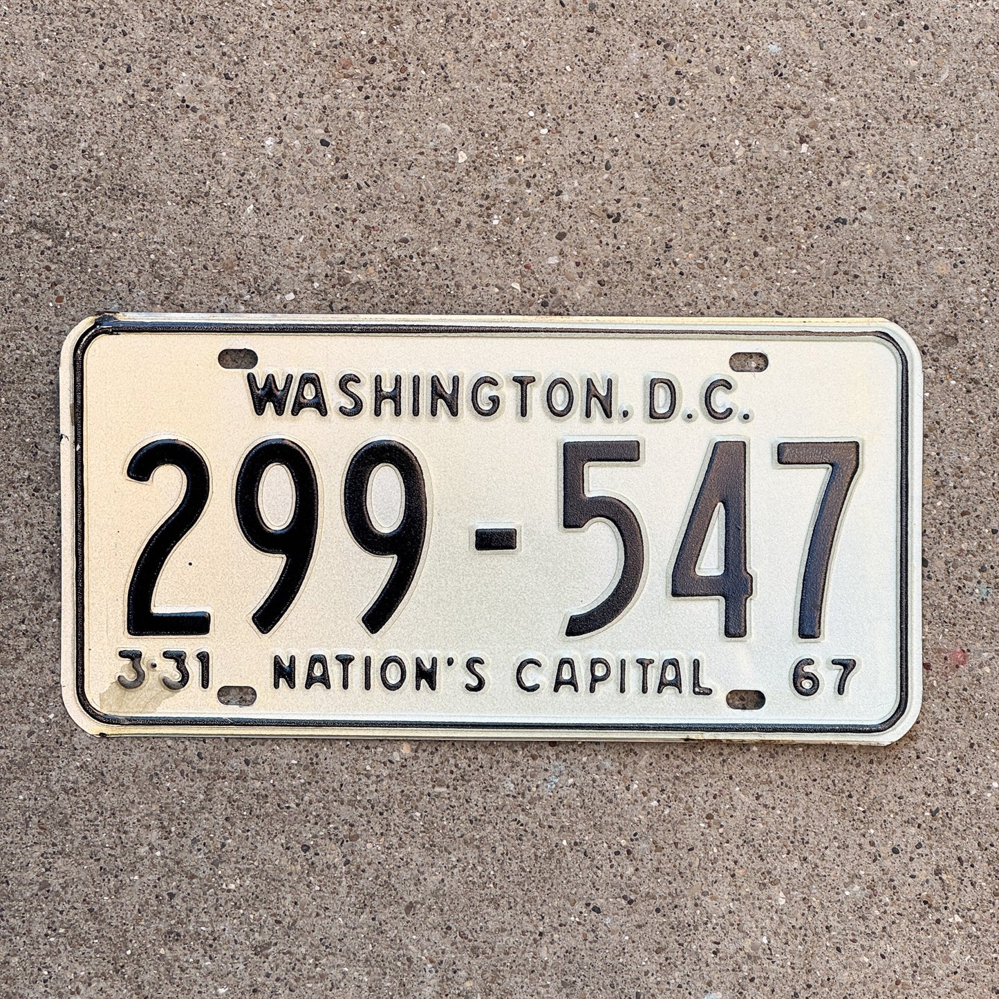 Photo of a 1967 Washington DC License Plate Auto Tag 1 Garage Decor 299 547 with original patina