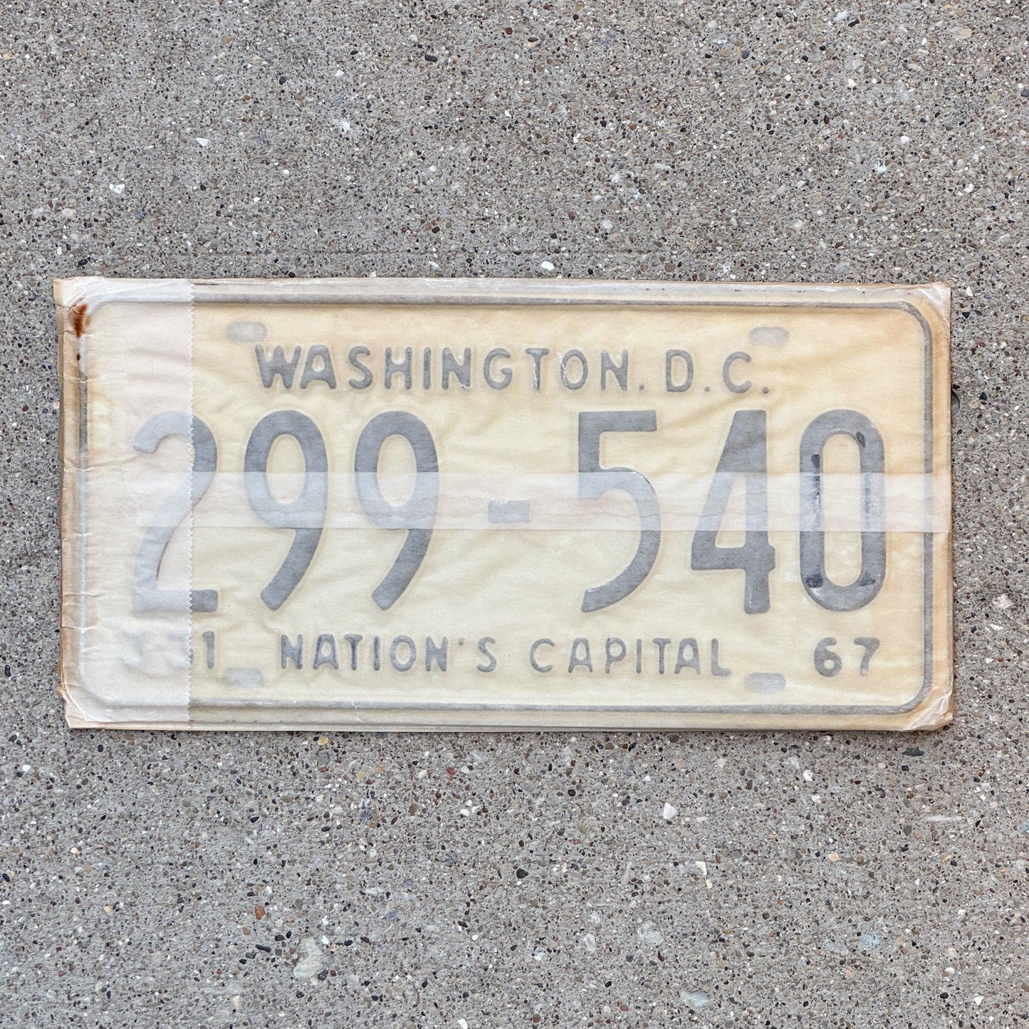 Photo of a 1967 Washington DC License Plate Pair Auto Tag Garage Decor Vintage with Envelope 299 540 with original patina
