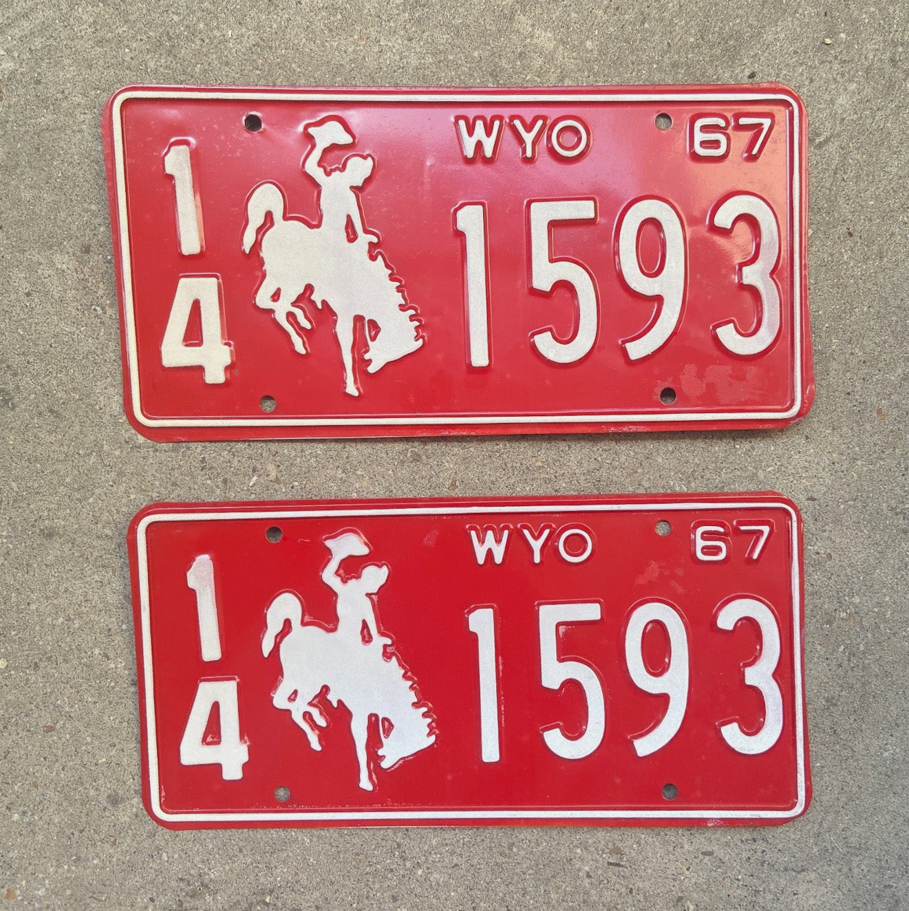 Photo of a 1967 Wyoming License Plate Pair Auto Tag Garage Decor Vintage High Quality 14 1593 with original patina