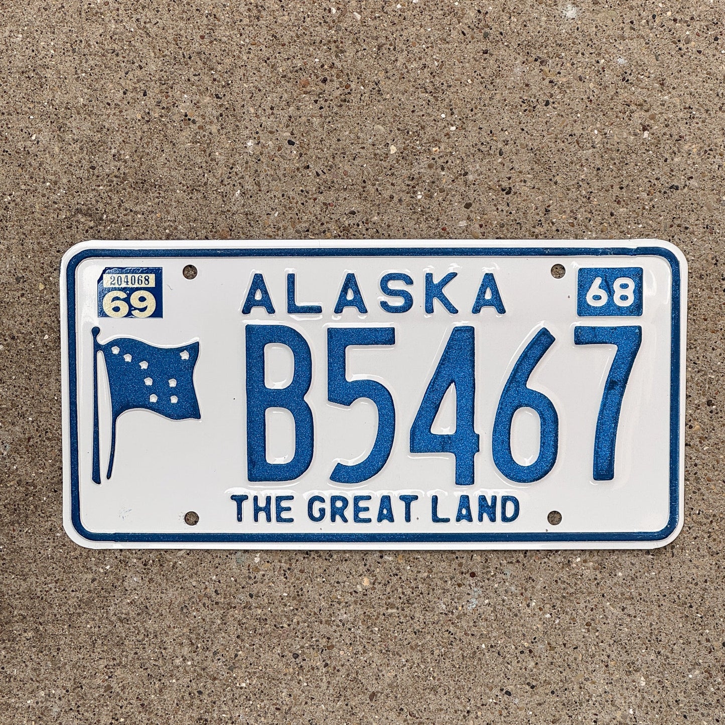 Photo of a 1968 1969 Alaska License Plate Auto Tag Garage Decor Vintage High Number High Quality B 5467 with original patina