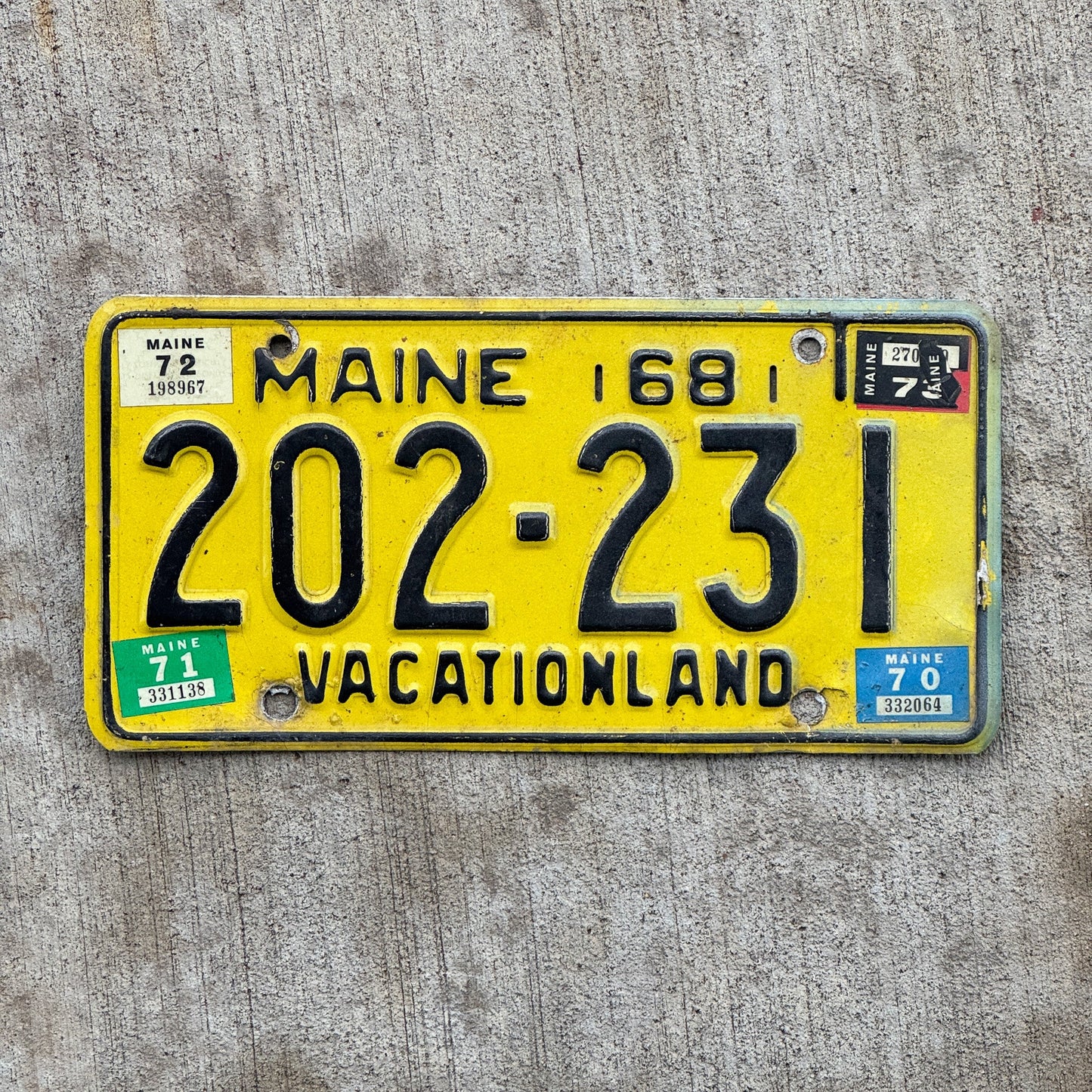 Photo of a 1968 1973 Maine License Plate Auto Tag Garage Decor Vintage 202 231 with original patina
