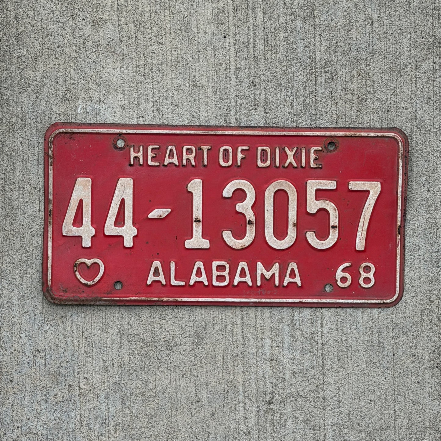 Photo of a 1968 Alabama License Plate Auto Tag Garage Decor Vintage 44 13057 with original patina