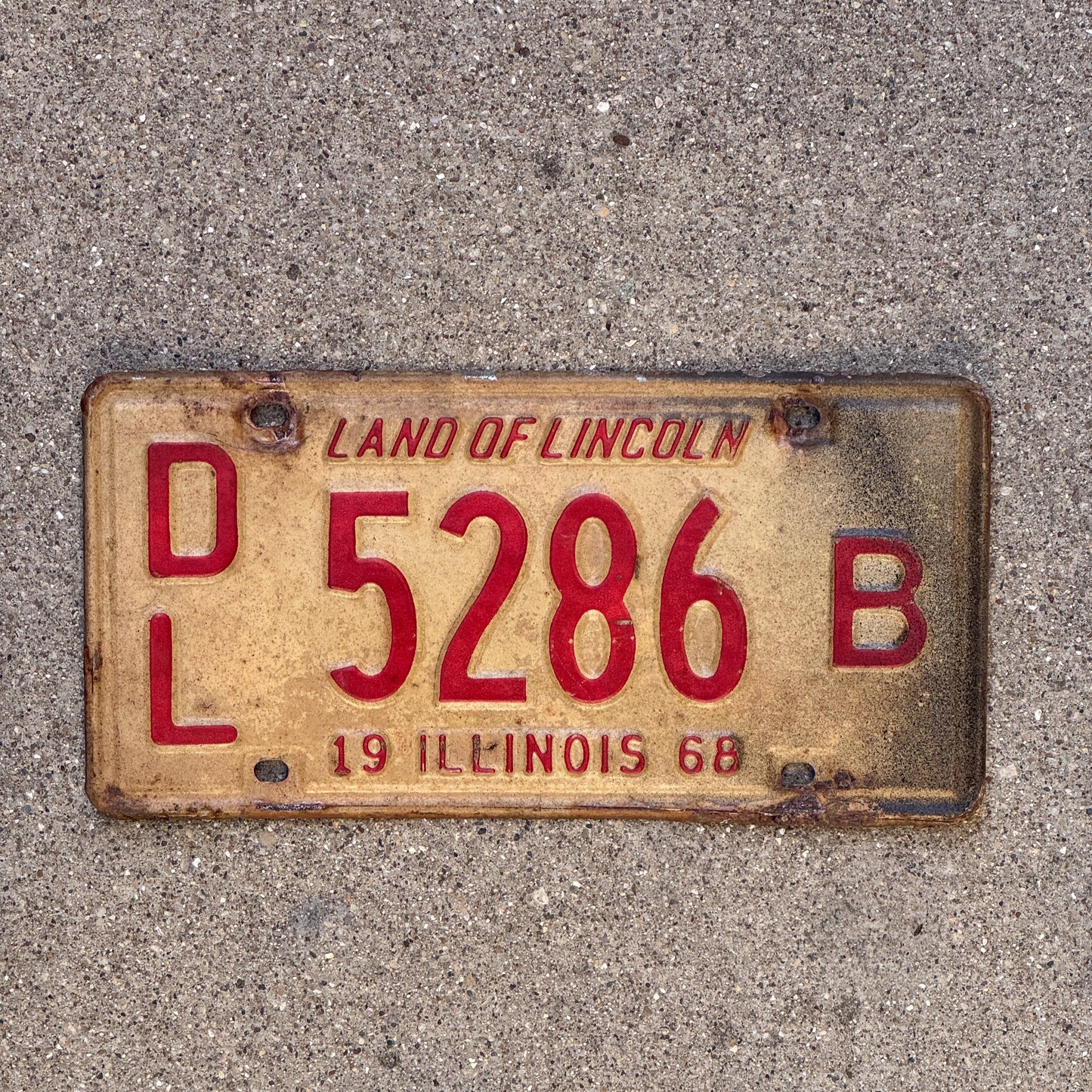 Photo of a 1968 Illinois Dealer License Plate Auto Tag 1 Vintage Garage 5286 B with original patina