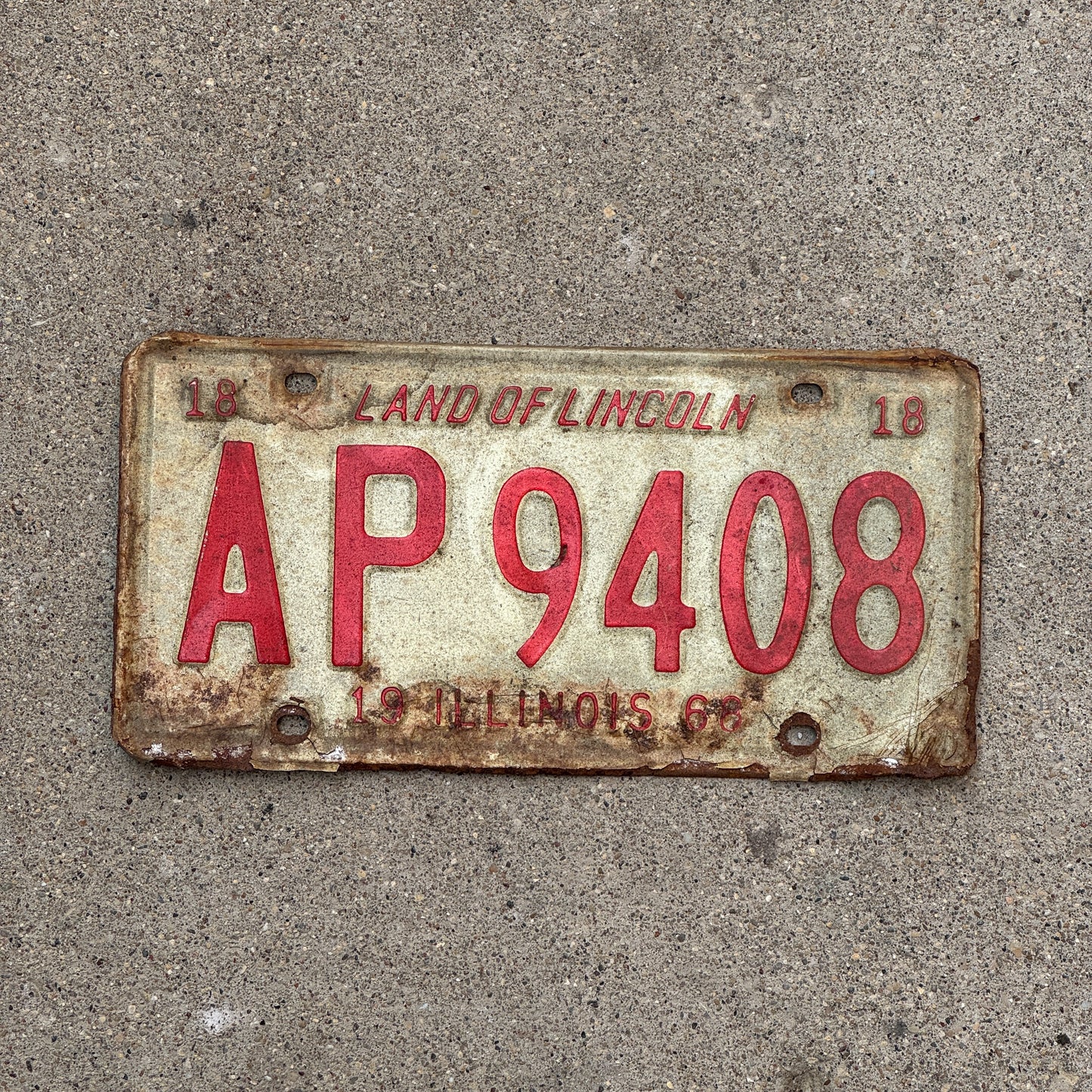 Photo of a 1968 Illinois License Plate Auto Tag 1 Vintage Garage AP 9408 with original patina