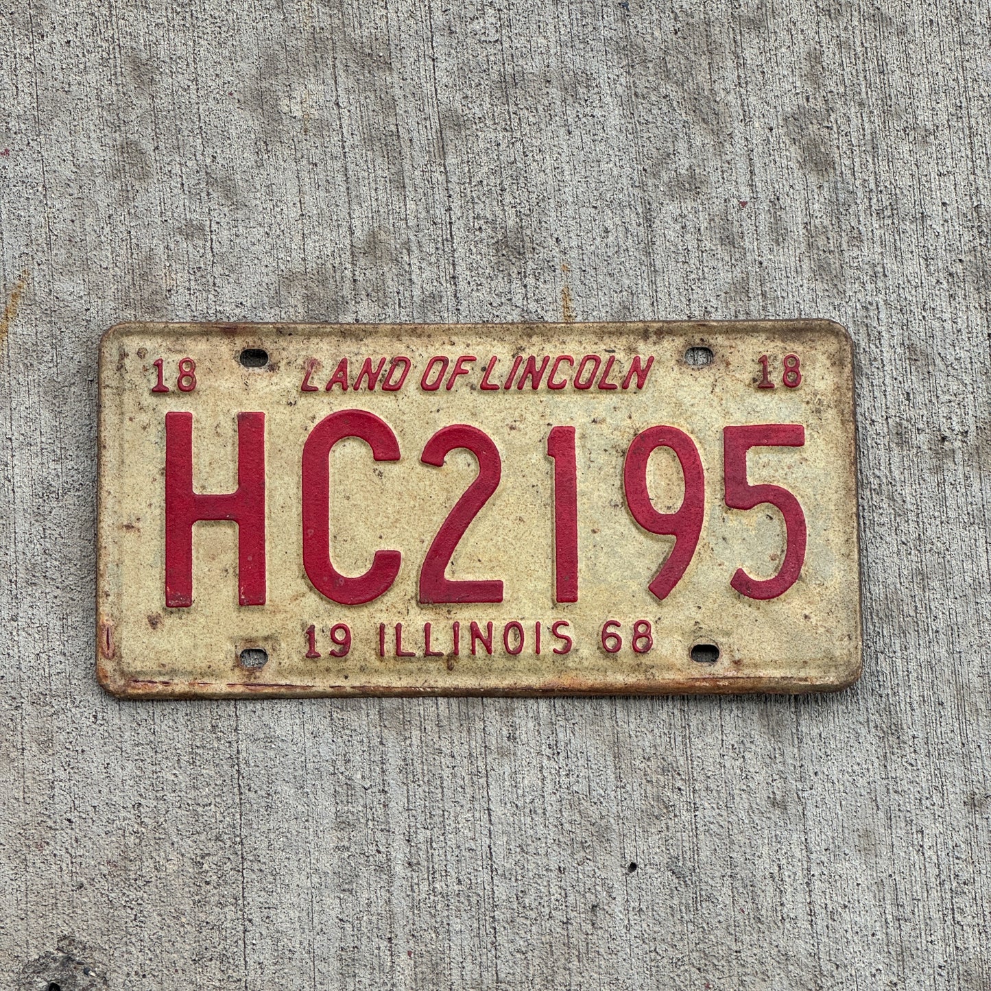 Photo of a 1968 Illinois License Plate Auto Tag 1 Vintage Garage HC 2195 with original patina